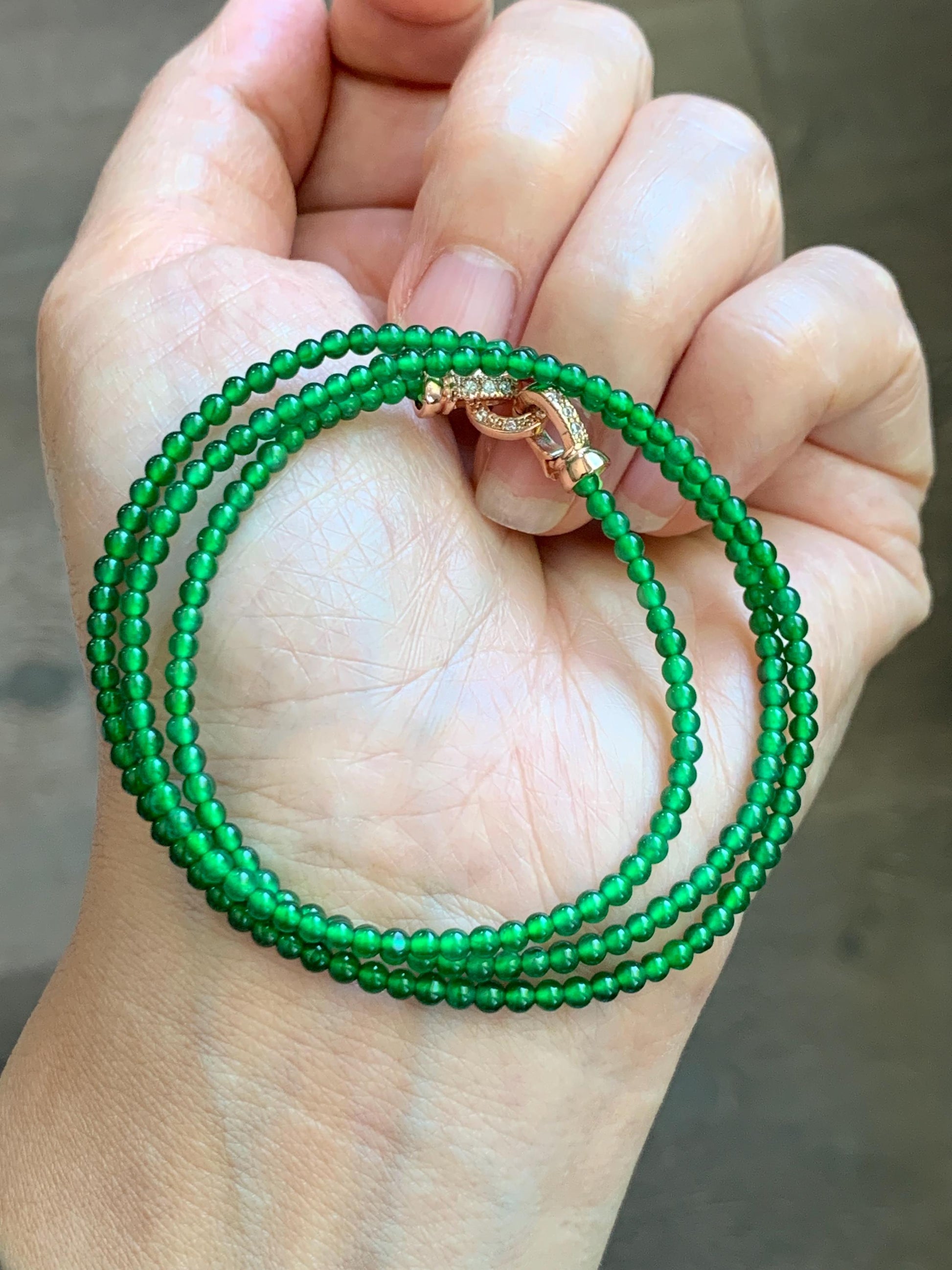 Natural Grade A Guatemalan Icy Vibrant Green Jade Jadeite Petite Beads Beaded Necklace Sterling Silver 2.3-2.6mm 19.75” 天然冰危绿翡翠小圆珠项链 WVL660B