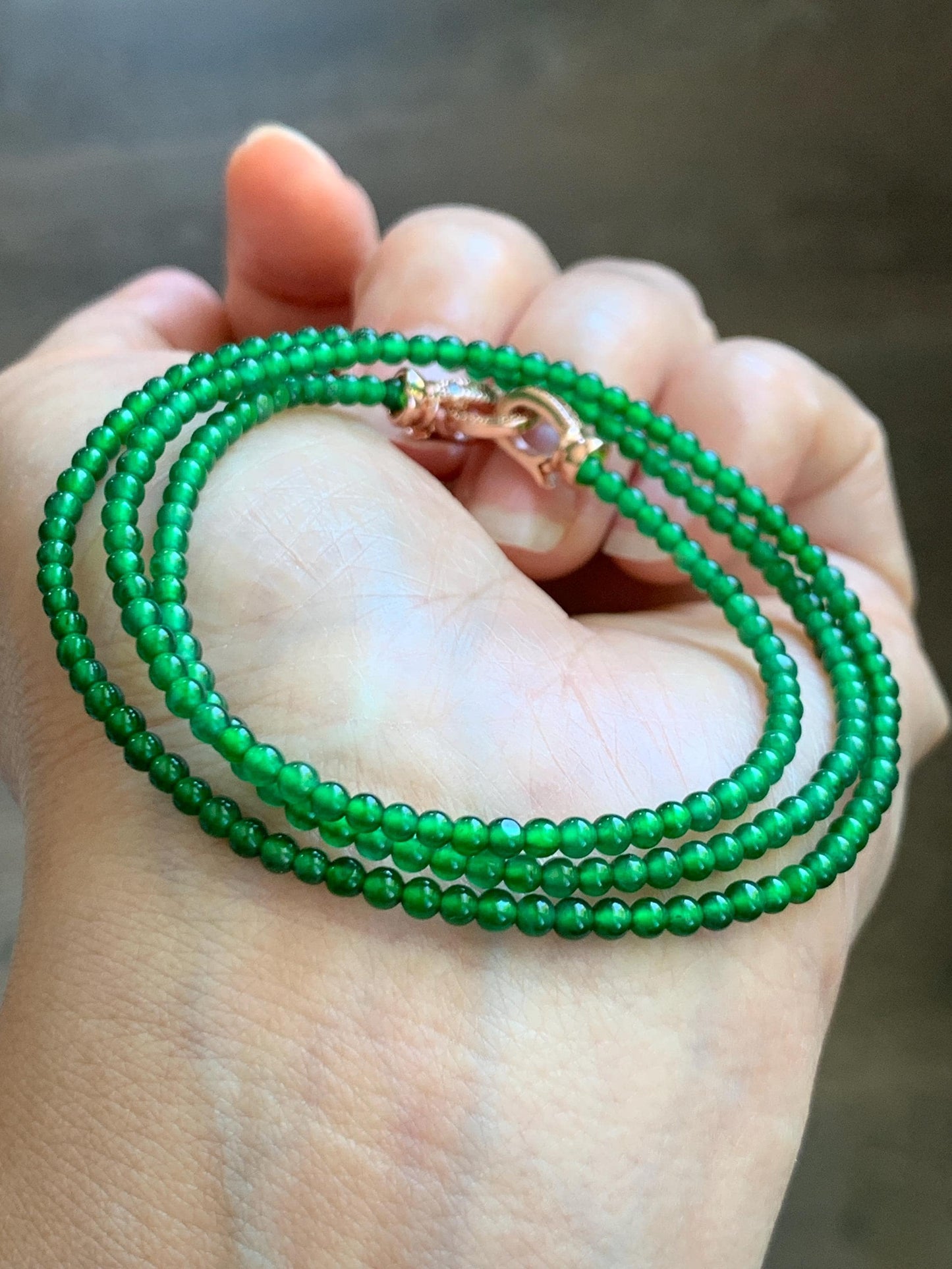 Natural Grade A Guatemalan Icy Vibrant Green Jade Jadeite Petite Beads Beaded Necklace Sterling Silver 2.3-2.6mm 19.75” 天然冰危绿翡翠小圆珠项链 WVL660B