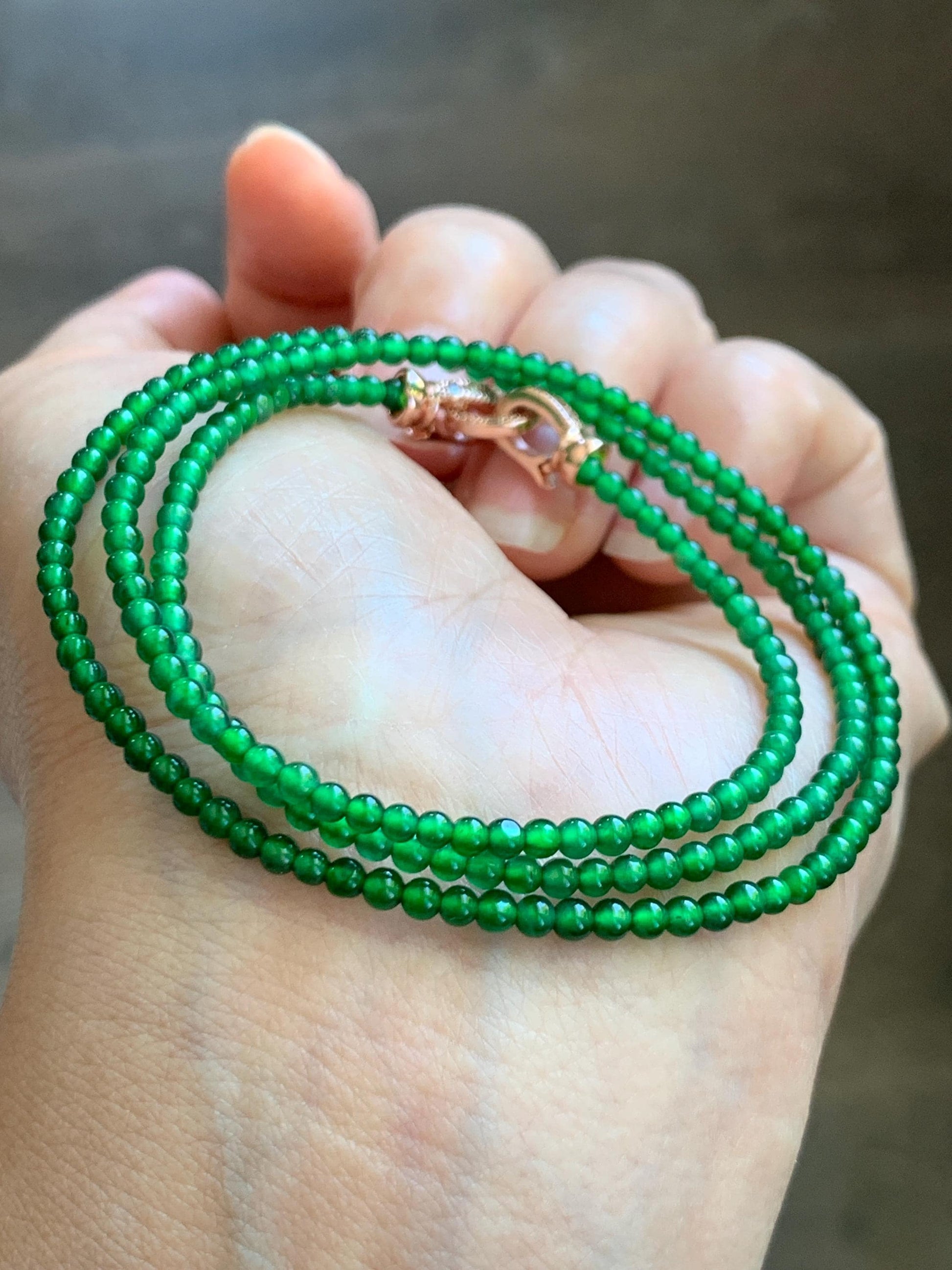 Natural Grade A Guatemalan Icy Vibrant Green Jade Jadeite Petite Beads Beaded Necklace Sterling Silver 2.3-2.6mm 19.75” 天然冰危绿翡翠小圆珠项链 WVL660B