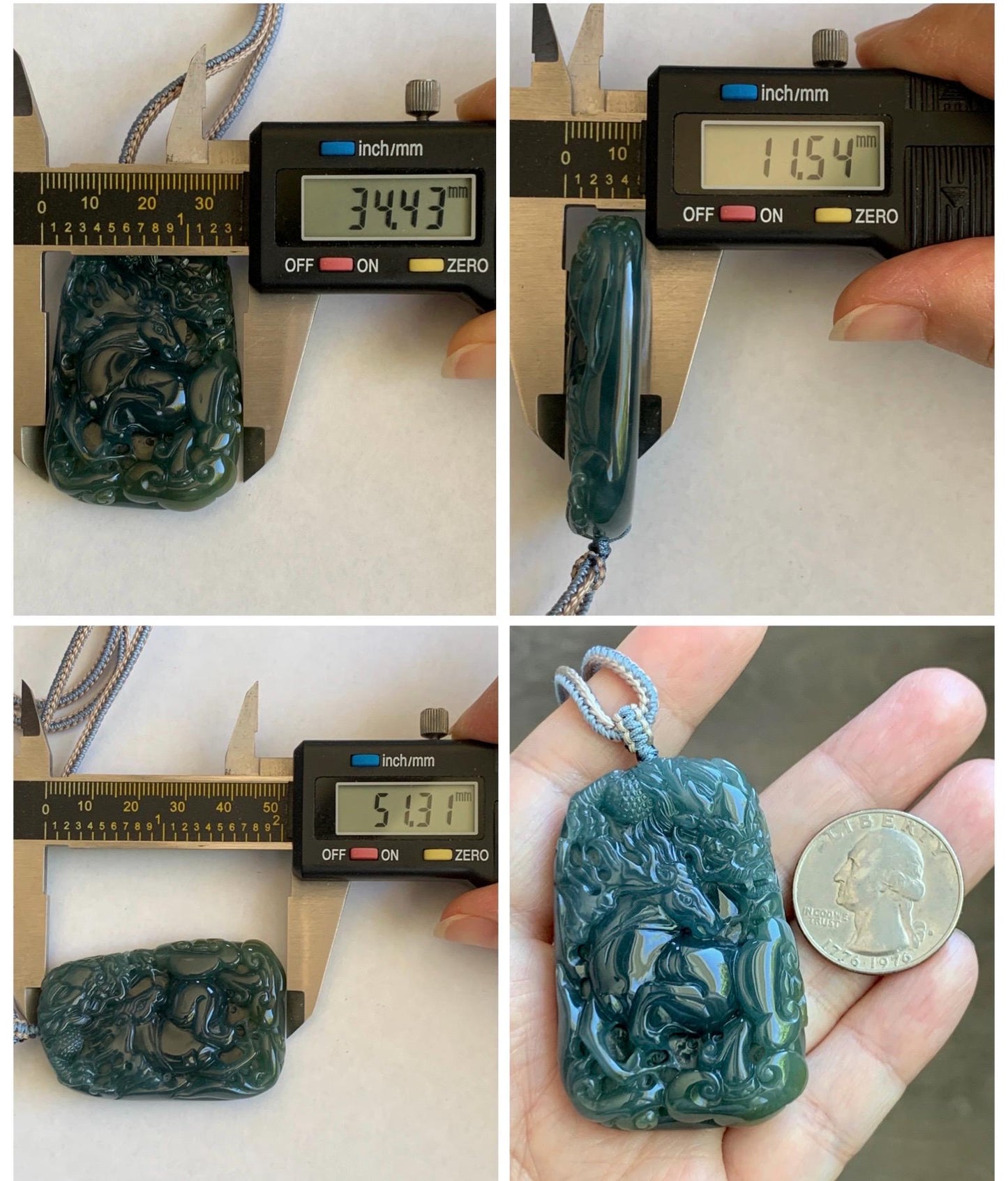 Natural Grade A Guatemalan Icy Translucent Dark Teal Blue Jade Jadeite Horse & Dragon Pendant Rope Necklace 26” 47g 天然冰危蓝翡翠精工龙马牌双面吊坠 WLM260