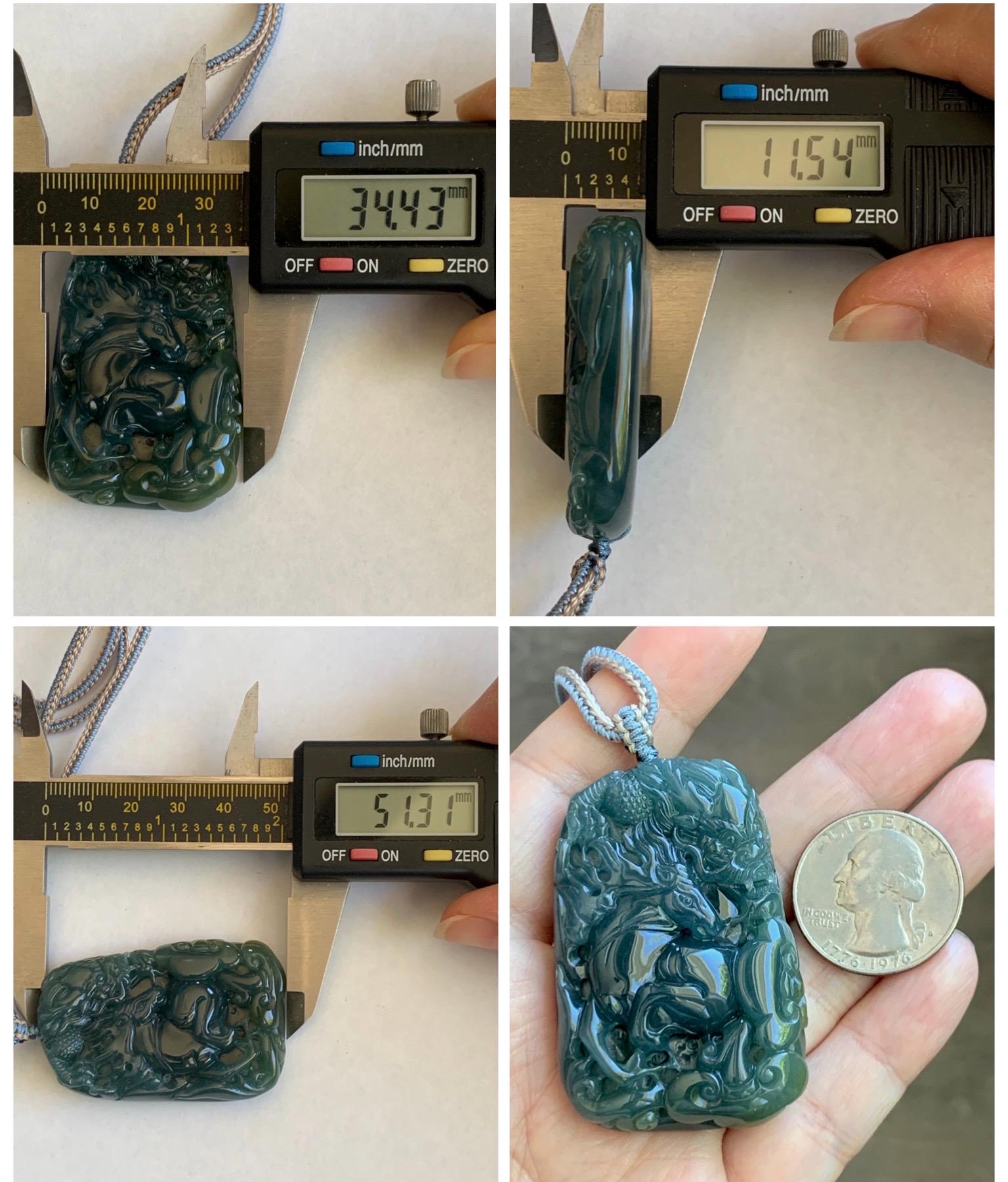 Natural Grade A Guatemalan Icy Translucent Dark Teal Blue Jade Jadeite Horse & Dragon Pendant Rope Necklace 26” 47g 天然冰危蓝翡翠精工龙马牌双面吊坠 WLM260