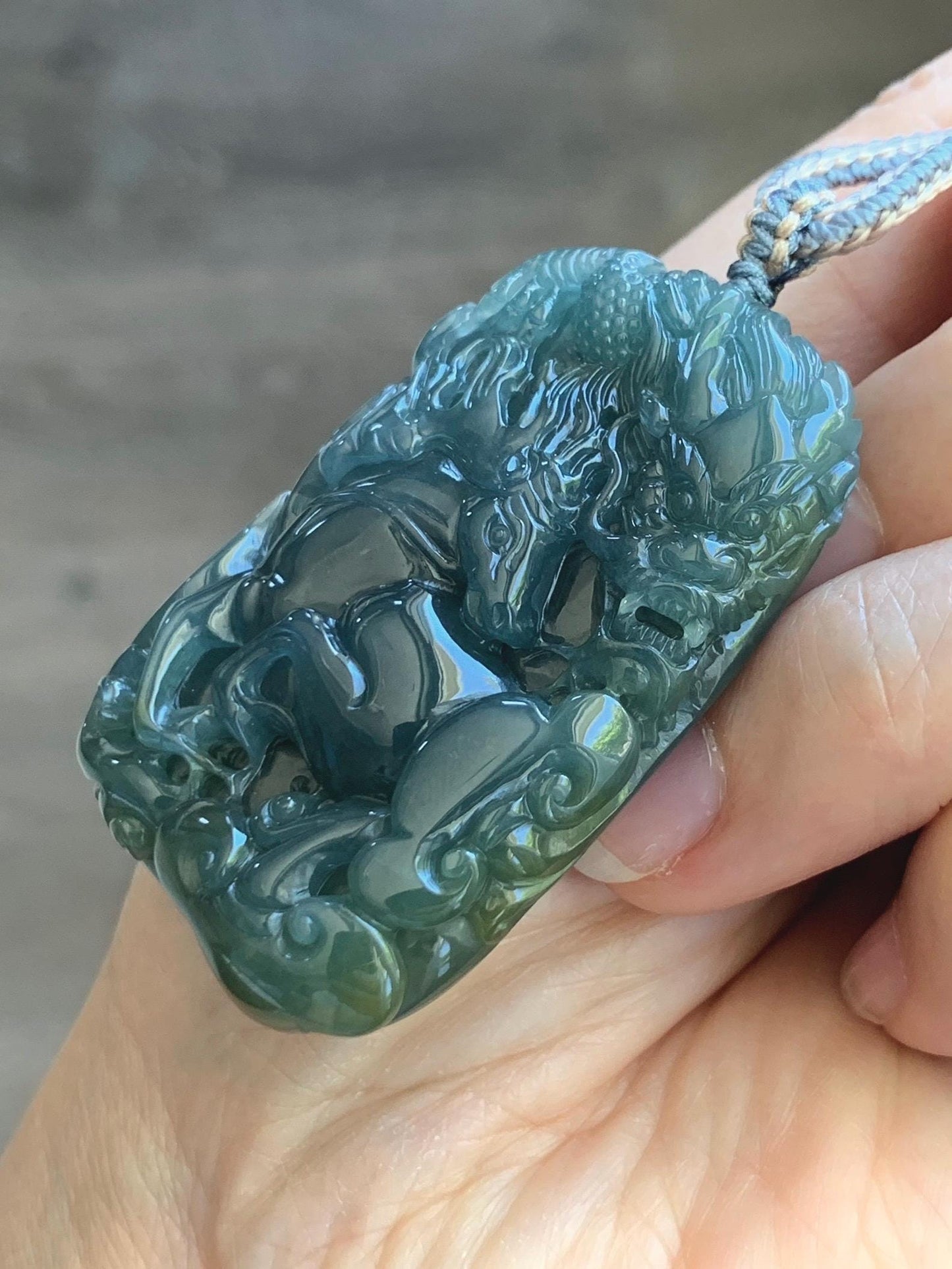 Natural Grade A Guatemalan Icy Translucent Dark Teal Blue Jade Jadeite Horse & Dragon Pendant Rope Necklace 26” 47g 天然冰危蓝翡翠精工龙马牌双面吊坠 WLM260