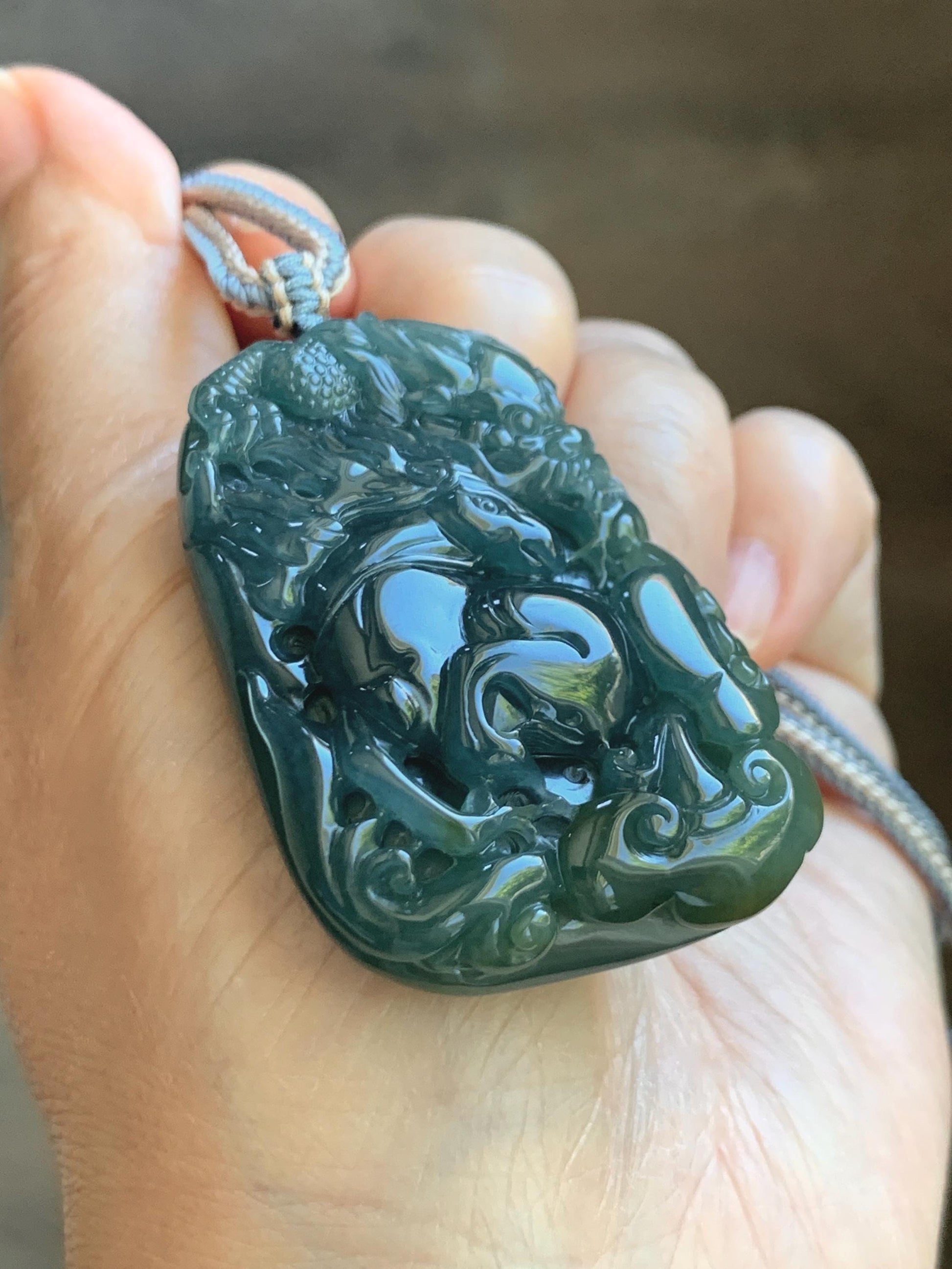 Natural Grade A Guatemalan Icy Translucent Dark Teal Blue Jade Jadeite Horse & Dragon Pendant Rope Necklace 26” 47g 天然冰危蓝翡翠精工龙马牌双面吊坠 WLM260