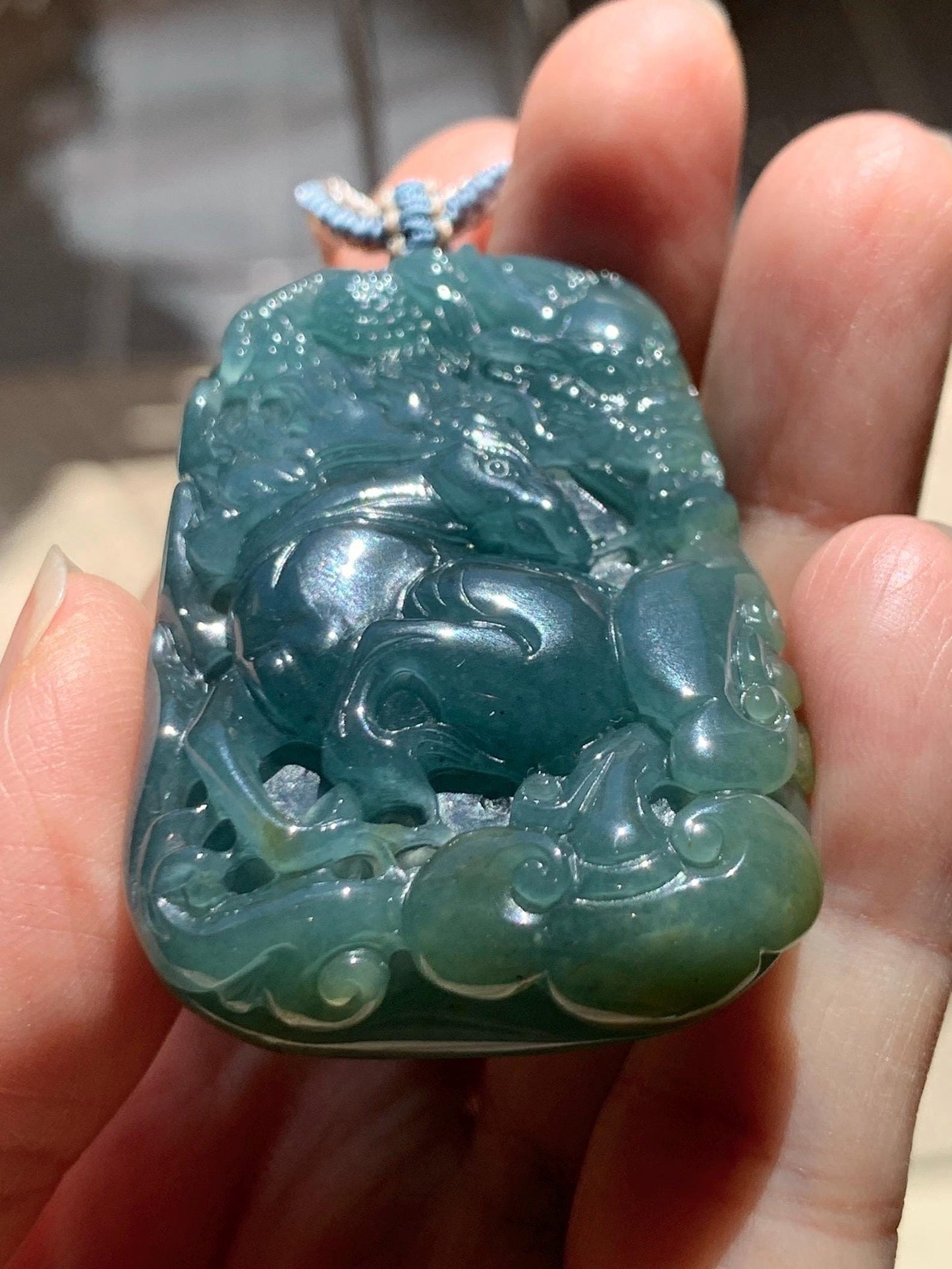 Natural Grade A Guatemalan Icy Translucent Dark Teal Blue Jade Jadeite Horse & Dragon Pendant Rope Necklace 26” 47g 天然冰危蓝翡翠精工龙马牌双面吊坠 WLM260