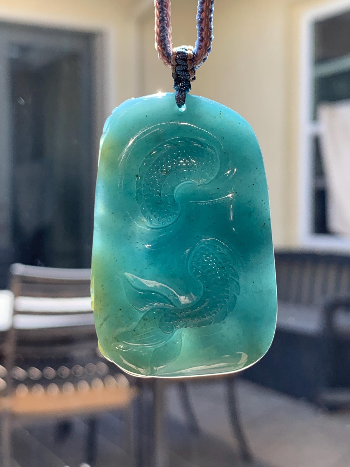 Natural Grade A Guatemalan Icy Translucent Dark Teal Blue Jade Jadeite Horse & Dragon Pendant Rope Necklace 26” 47g 天然冰危蓝翡翠精工龙马牌双面吊坠 WLM260