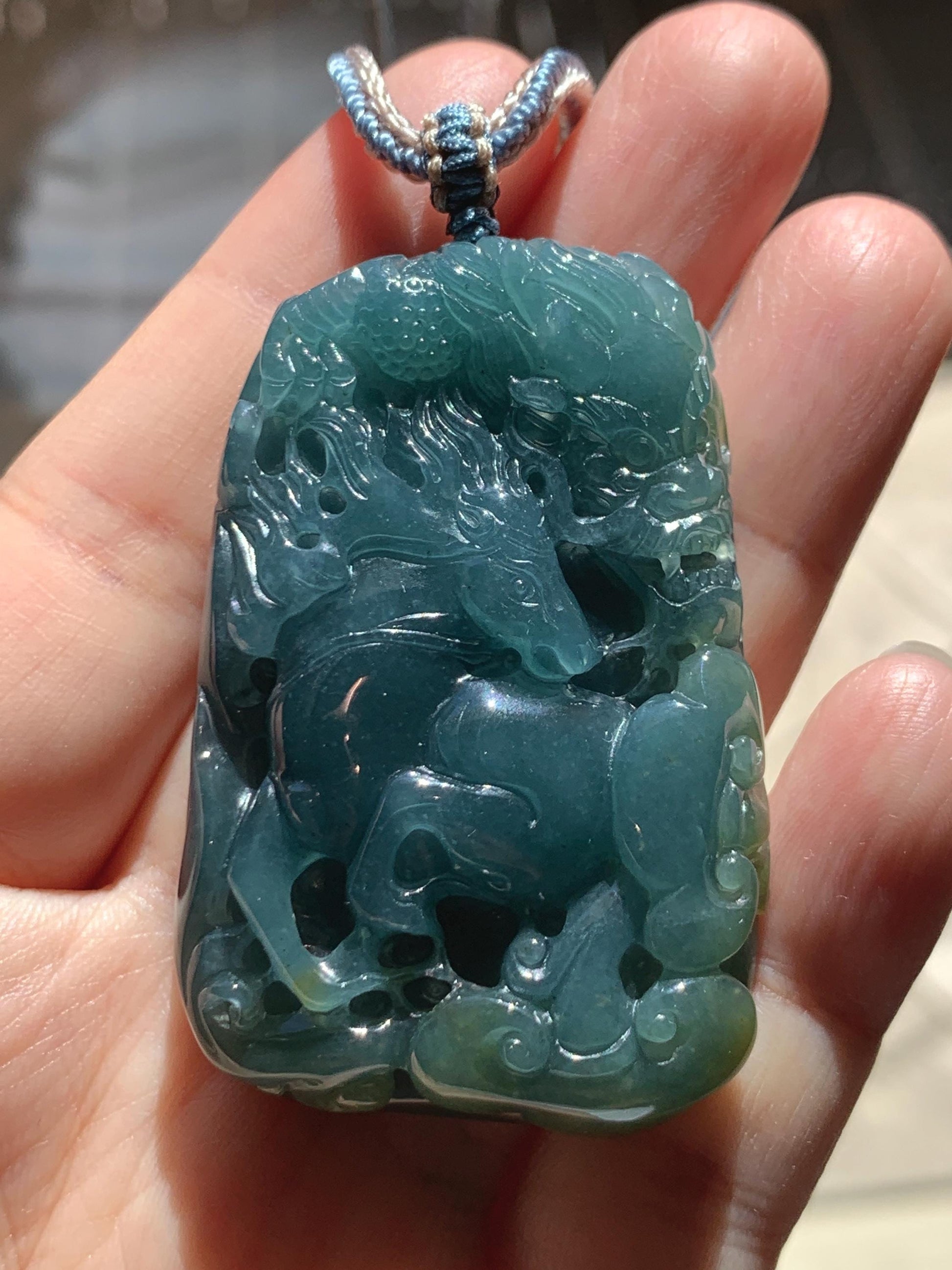 Natural Grade A Guatemalan Icy Translucent Dark Teal Blue Jade Jadeite Horse & Dragon Pendant Rope Necklace 26” 47g 天然冰危蓝翡翠精工龙马牌双面吊坠 WLM260