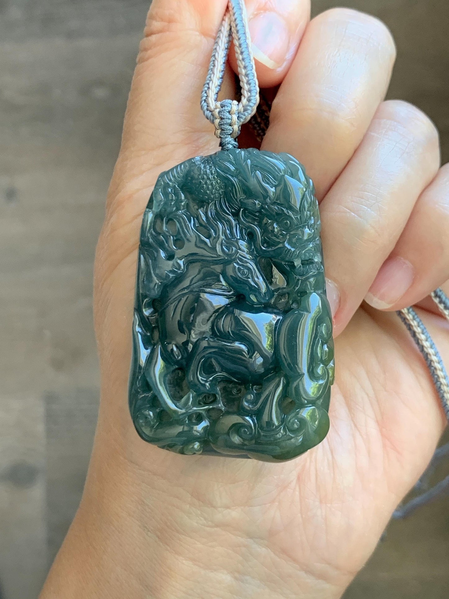 Natural Grade A Guatemalan Icy Translucent Dark Teal Blue Jade Jadeite Horse & Dragon Pendant Rope Necklace 26” 47g 天然冰危蓝翡翠精工龙马牌双面吊坠 WLM260
