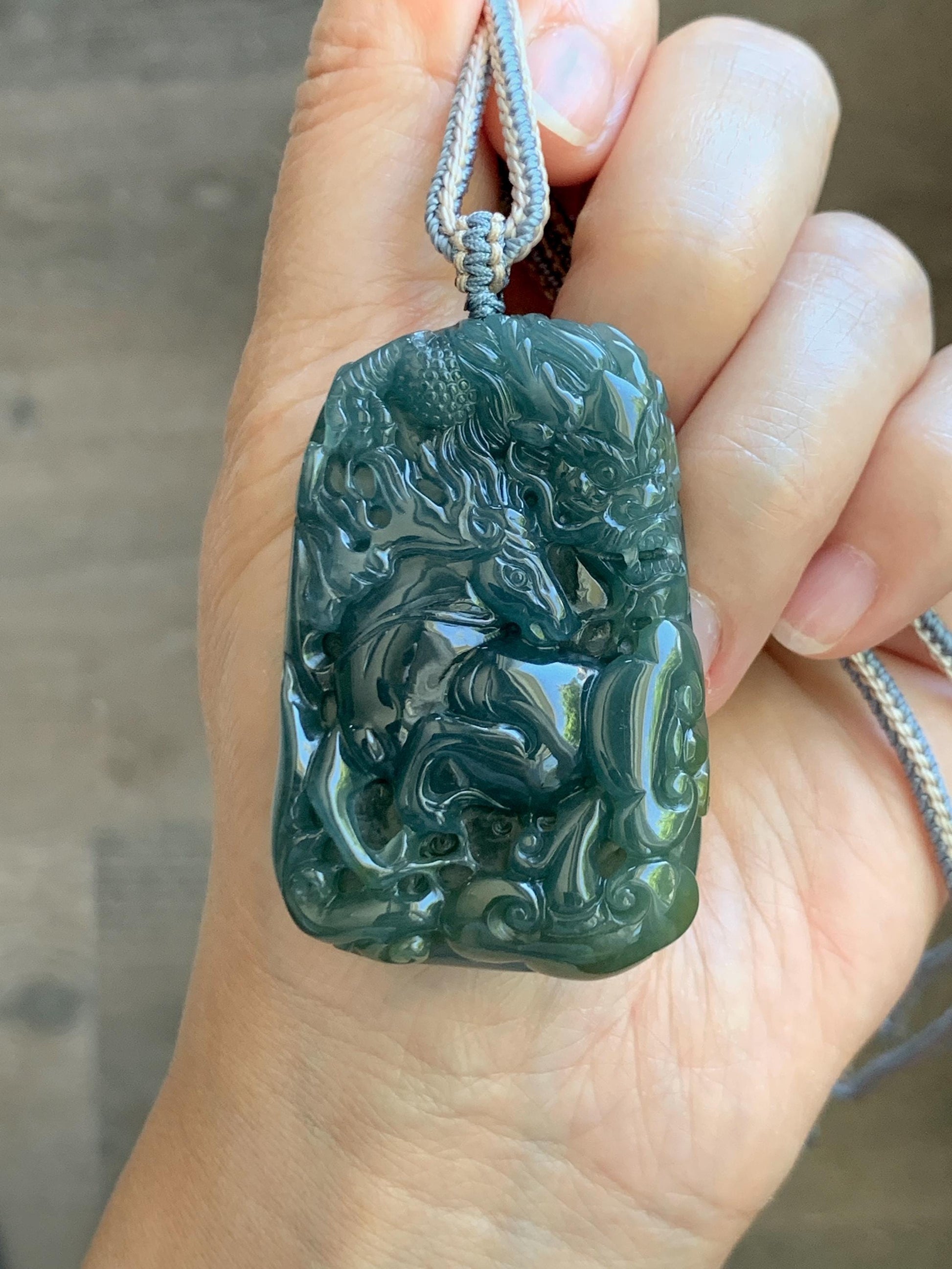 Natural Grade A Guatemalan Icy Translucent Dark Teal Blue Jade Jadeite Horse & Dragon Pendant Rope Necklace 26” 47g 天然冰危蓝翡翠精工龙马牌双面吊坠 WLM260