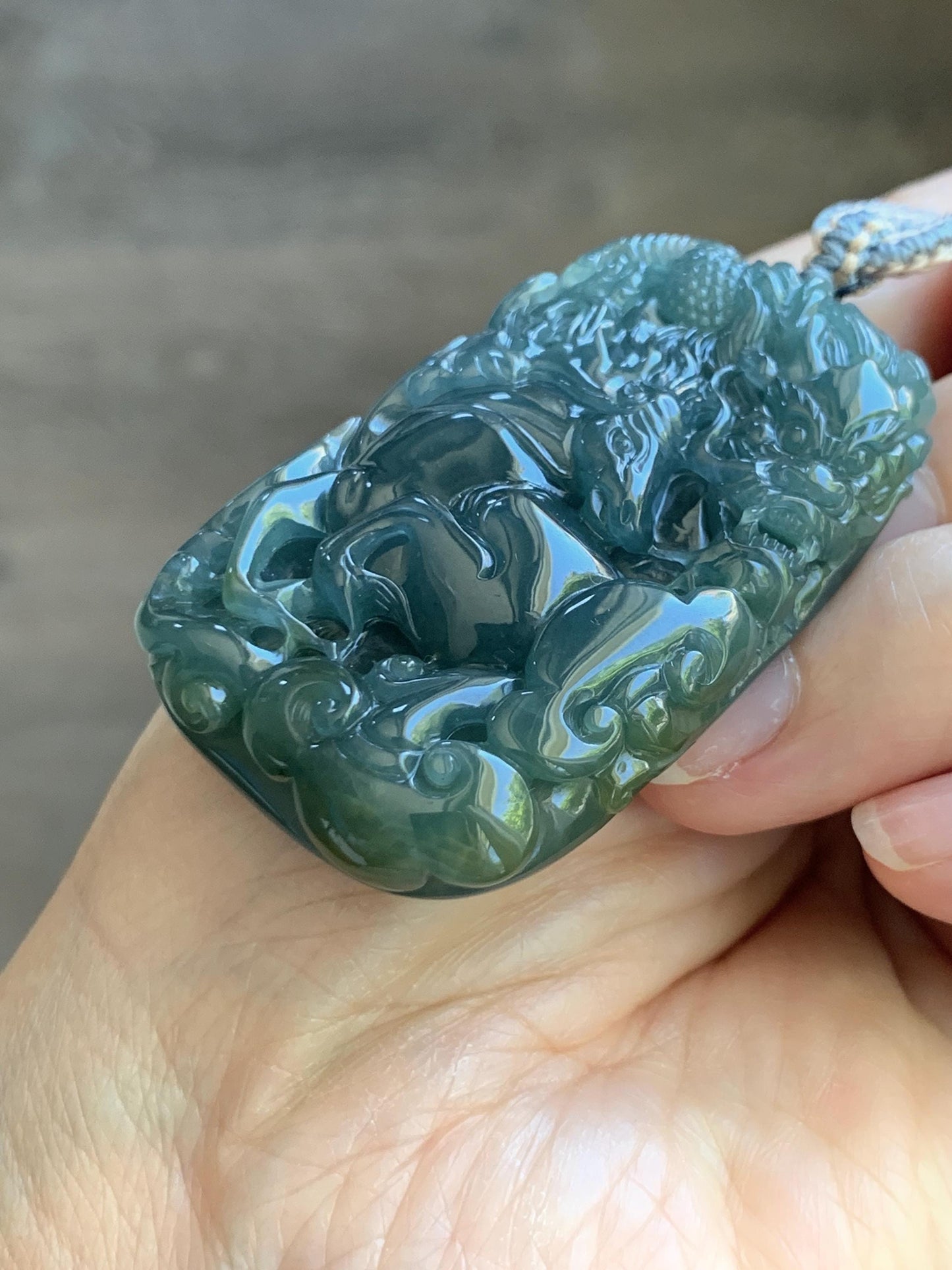Natural Grade A Guatemalan Icy Translucent Dark Teal Blue Jade Jadeite Horse & Dragon Pendant Rope Necklace 26” 47g 天然冰危蓝翡翠精工龙马牌双面吊坠 WLM260