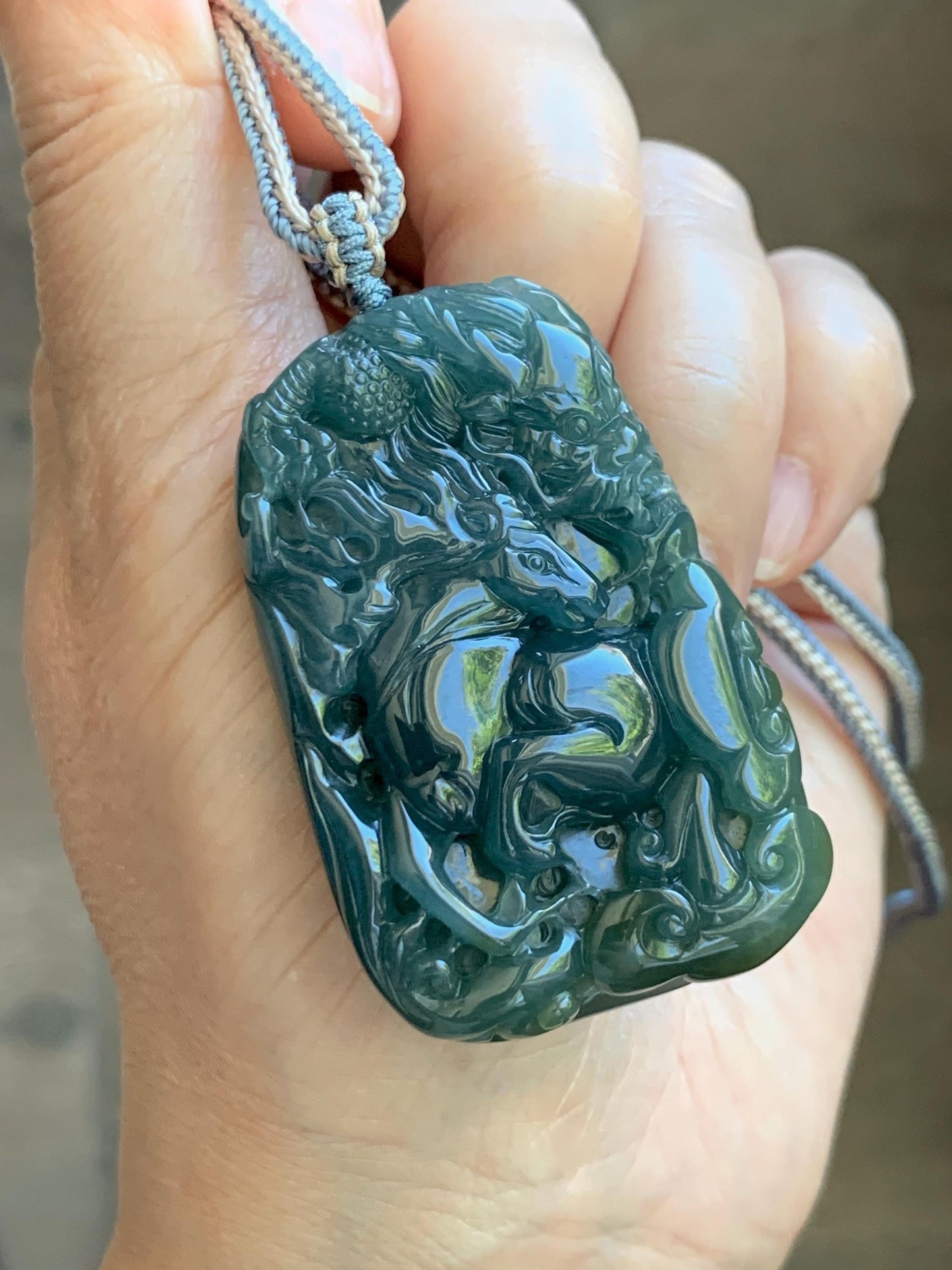 Natural Grade A Guatemalan Icy Translucent Dark Teal Blue Jade Jadeite Horse & Dragon Pendant Rope Necklace 26” 47g 天然冰危蓝翡翠精工龙马牌双面吊坠 WLM260