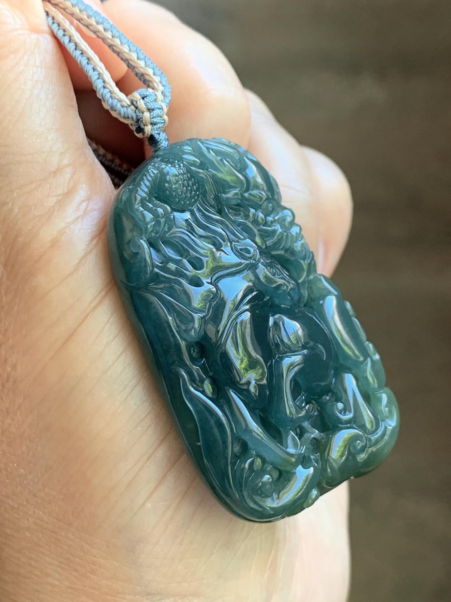 Natural Grade A Guatemalan Icy Translucent Dark Teal Blue Jade Jadeite Horse & Dragon Pendant Rope Necklace 26” 47g 天然冰危蓝翡翠精工龙马牌双面吊坠 WLM260