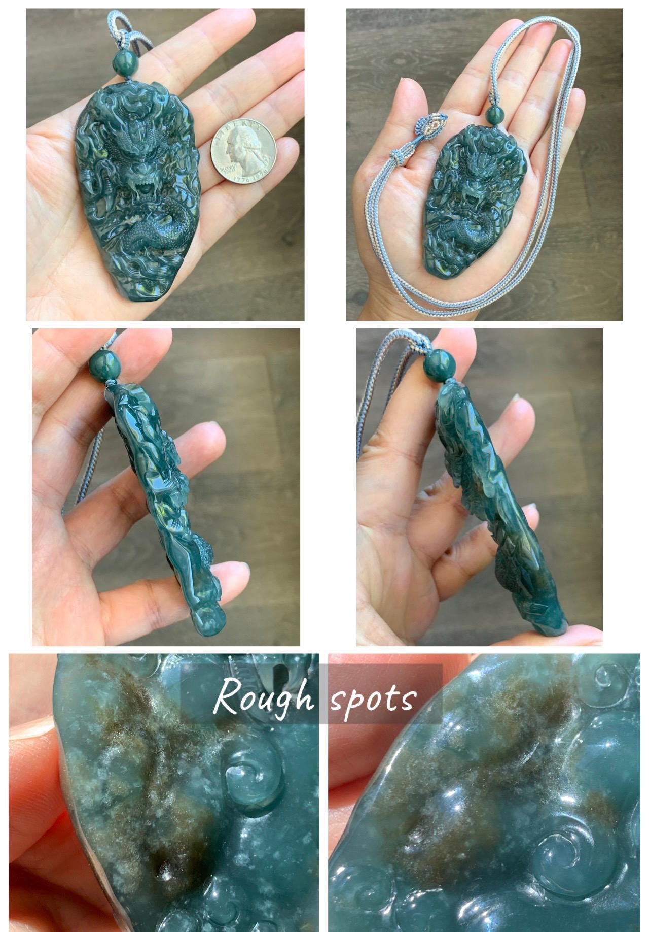 Large Certified Natural Grade A Guatemalan Icy Translucent Dark Teal Jade Jadeite Dragon Pendant Rope Necklace 26” 69g 天然冰危蓝翡翠精工龙牌双面吊坠 1162