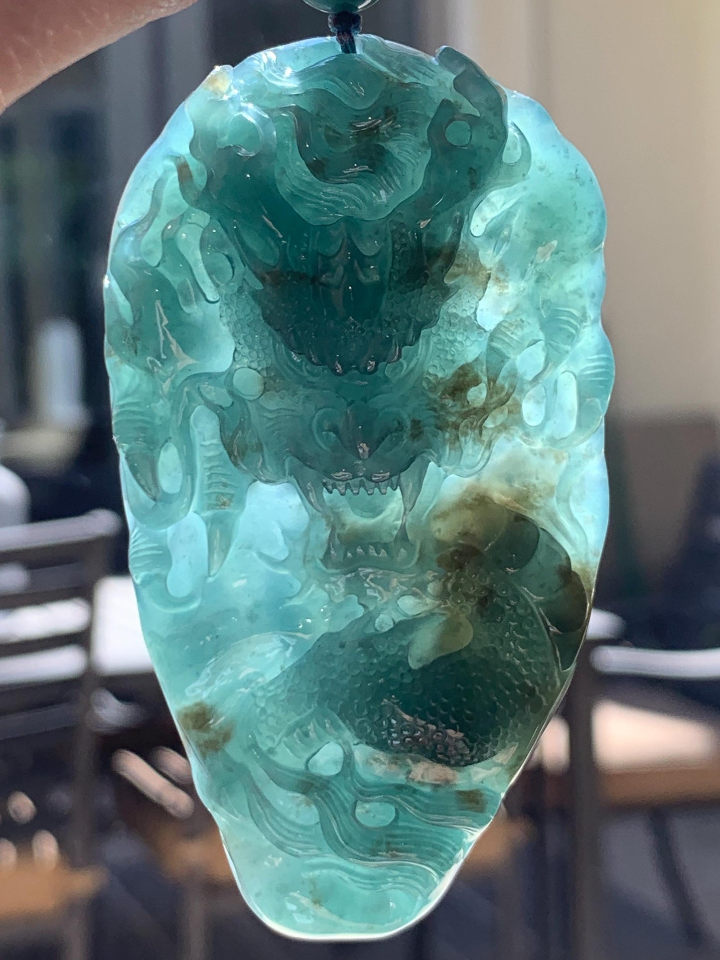 Large Certified Natural Grade A Guatemalan Icy Translucent Dark Teal Jade Jadeite Dragon Pendant Rope Necklace 26” 69g 天然冰危蓝翡翠精工龙牌双面吊坠 1162
