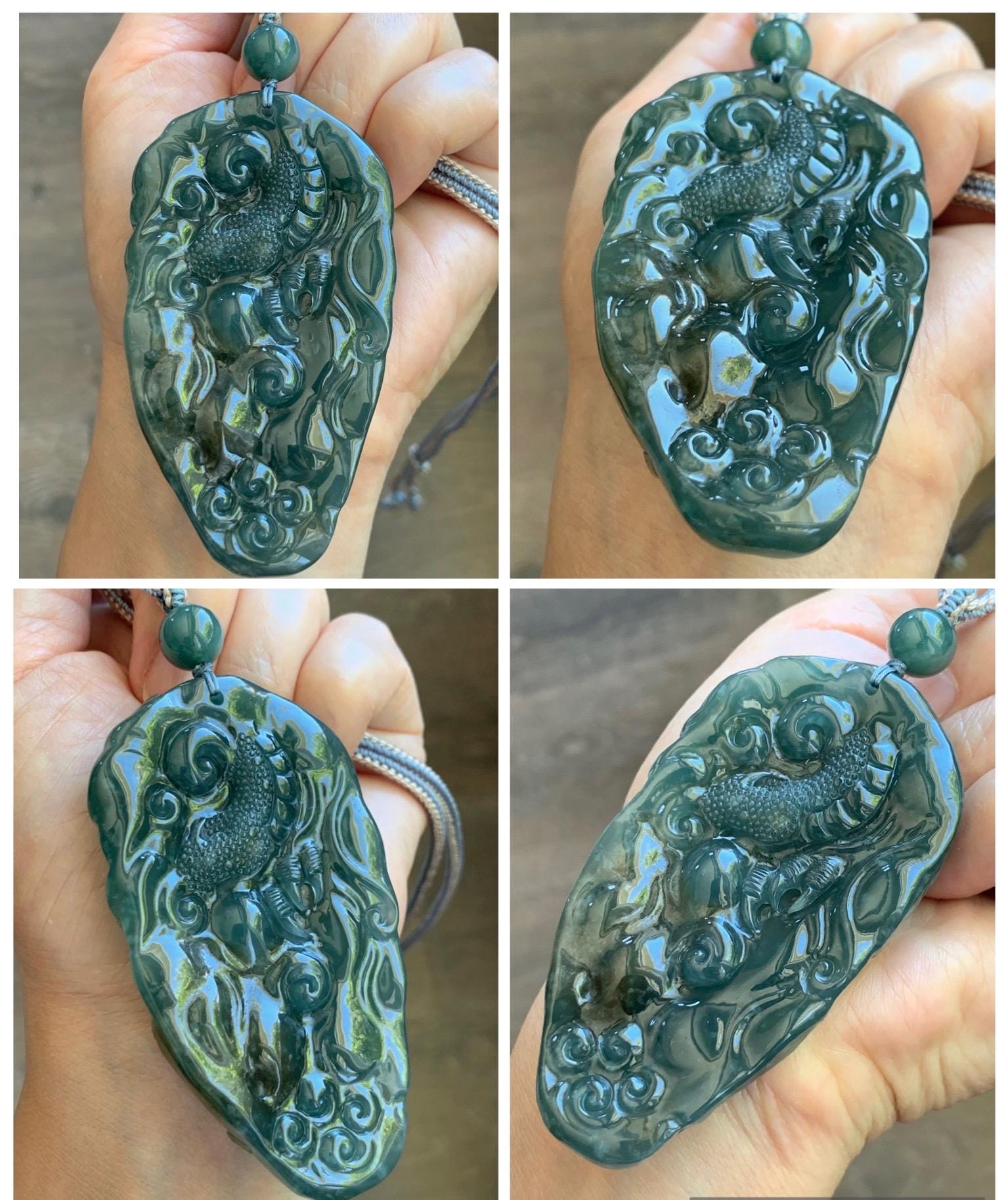 Large Certified Natural Grade A Guatemalan Icy Translucent Dark Teal Jade Jadeite Dragon Pendant Rope Necklace 26” 69g 天然冰危蓝翡翠精工龙牌双面吊坠 1162