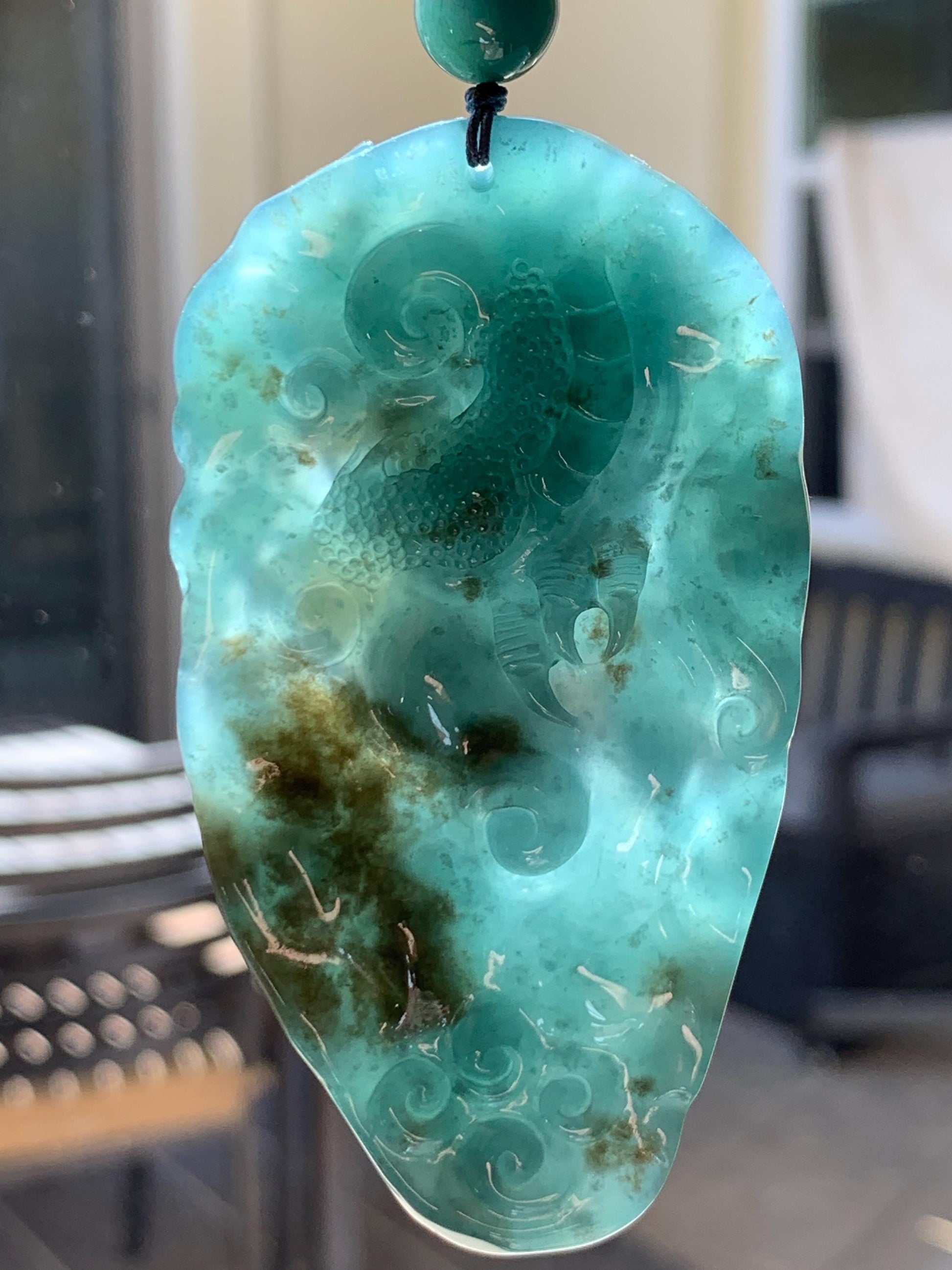Large Certified Natural Grade A Guatemalan Icy Translucent Dark Teal Jade Jadeite Dragon Pendant Rope Necklace 26” 69g 天然冰危蓝翡翠精工龙牌双面吊坠 1162