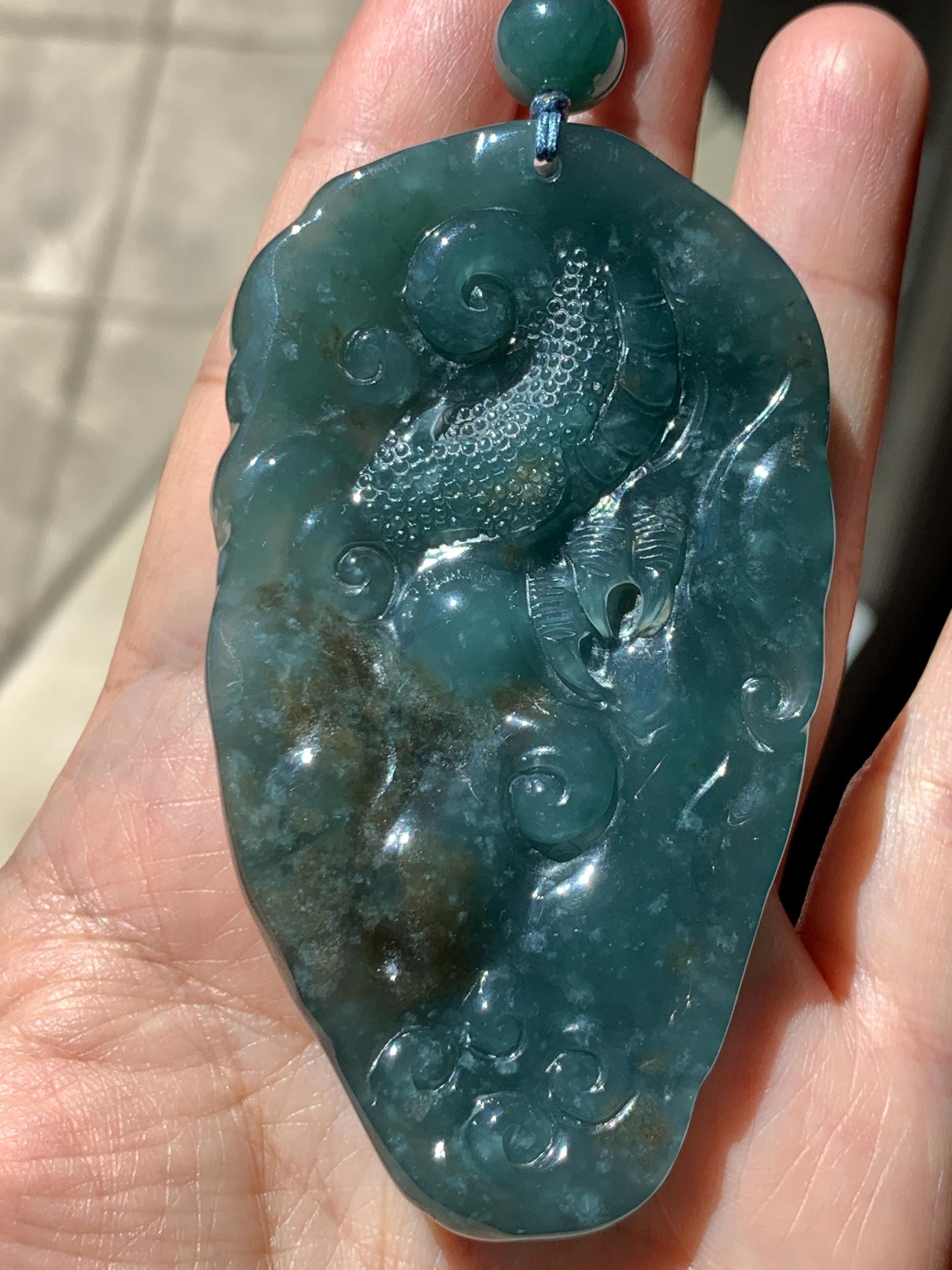Large Certified Natural Grade A Guatemalan Icy Translucent Dark Teal Jade Jadeite Dragon Pendant Rope Necklace 26” 69g 天然冰危蓝翡翠精工龙牌双面吊坠 1162