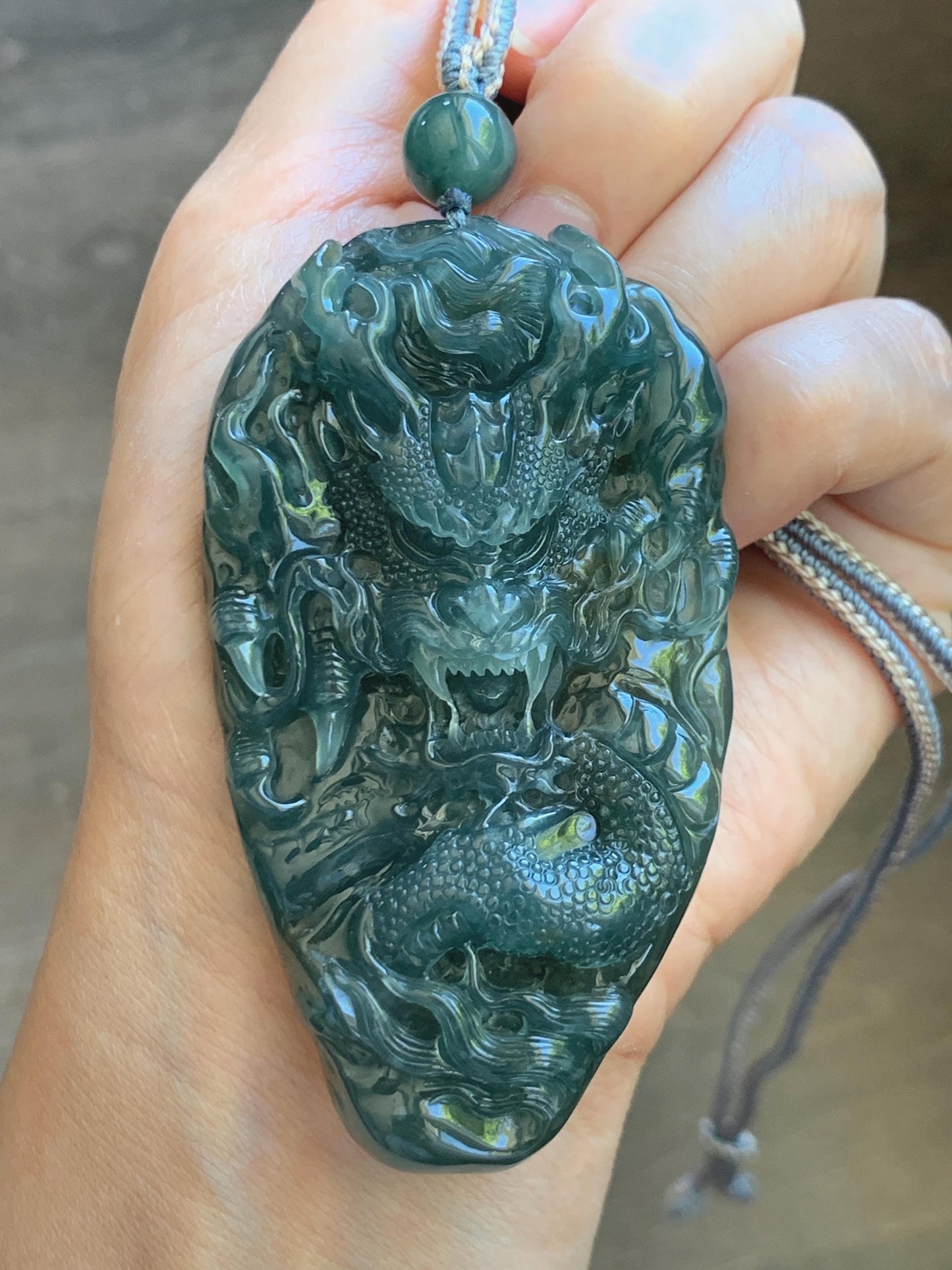 Large Certified Natural Grade A Guatemalan Icy Translucent Dark Teal Jade Jadeite Dragon Pendant Rope Necklace 26” 69g 天然冰危蓝翡翠精工龙牌双面吊坠 1162