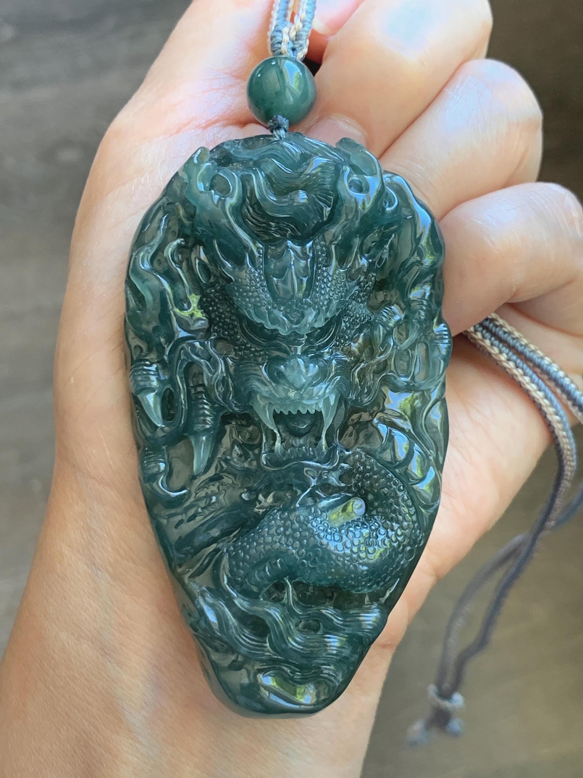 Large Certified Natural Grade A Guatemalan Icy Translucent Dark Teal Jade Jadeite Dragon Pendant Rope Necklace 26” 69g 天然冰危蓝翡翠精工龙牌双面吊坠 1162