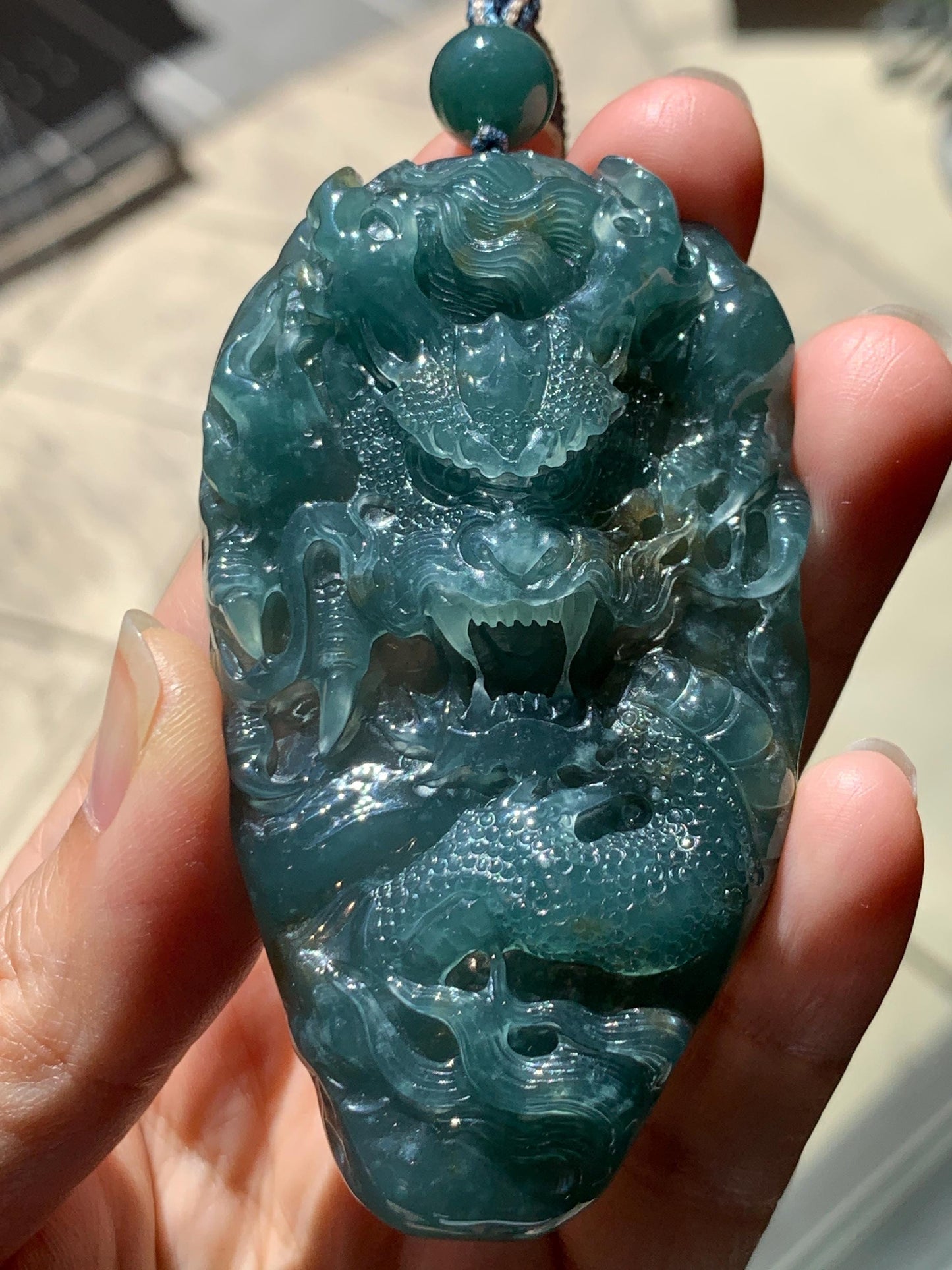 Large Certified Natural Grade A Guatemalan Icy Translucent Dark Teal Jade Jadeite Dragon Pendant Rope Necklace 26” 69g 天然冰危蓝翡翠精工龙牌双面吊坠 1162
