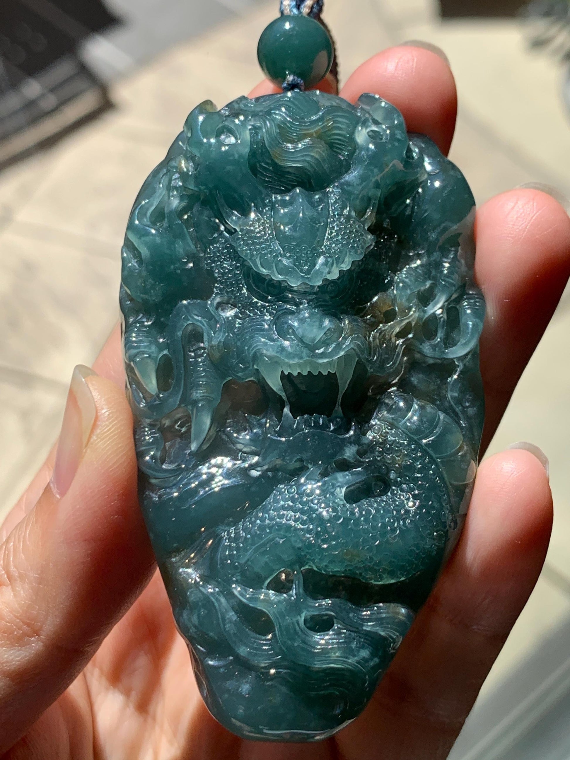 Large Certified Natural Grade A Guatemalan Icy Translucent Dark Teal Jade Jadeite Dragon Pendant Rope Necklace 26” 69g 天然冰危蓝翡翠精工龙牌双面吊坠 1162