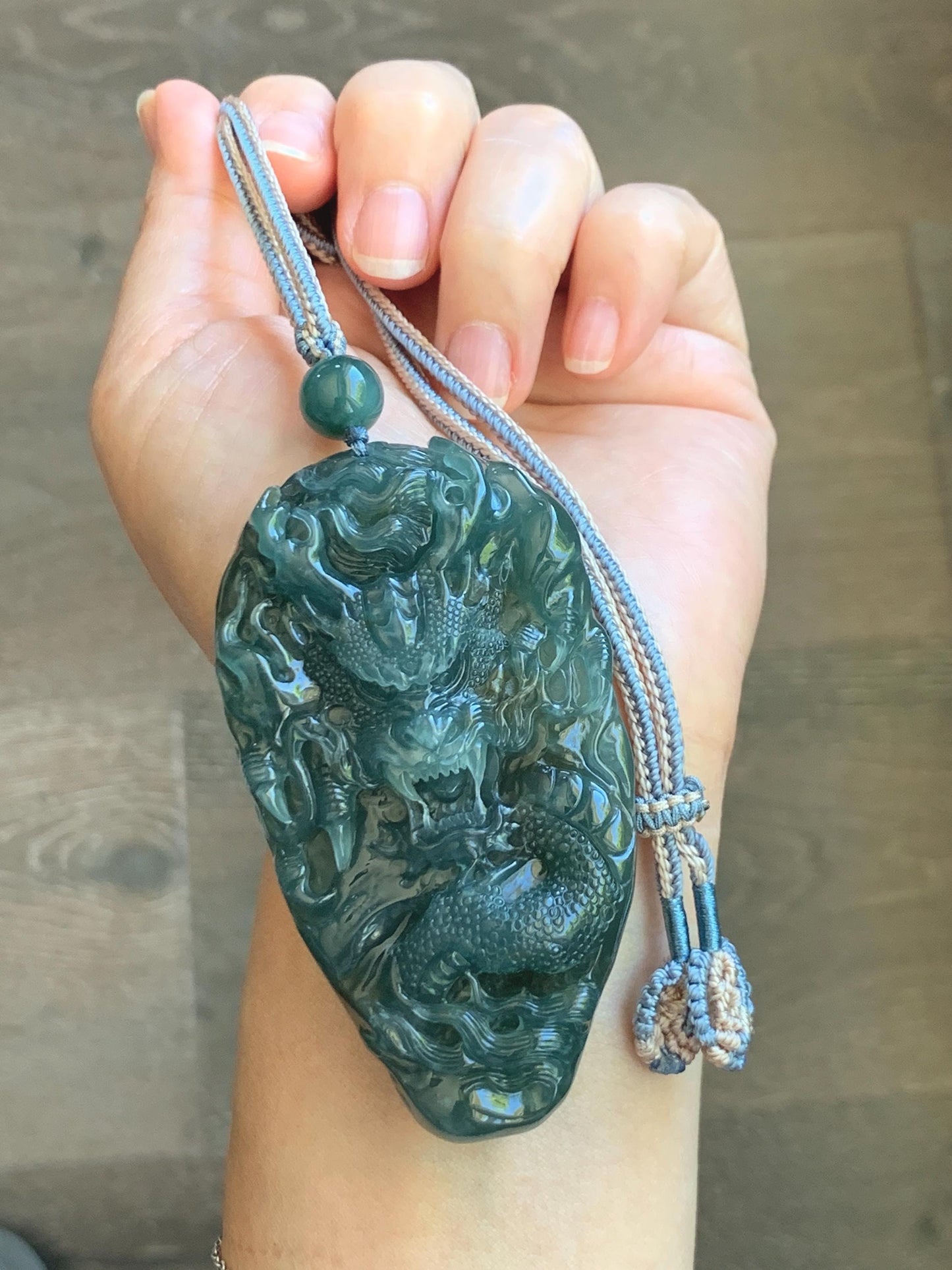 Large Certified Natural Grade A Guatemalan Icy Translucent Dark Teal Jade Jadeite Dragon Pendant Rope Necklace 26” 69g 天然冰危蓝翡翠精工龙牌双面吊坠 1162