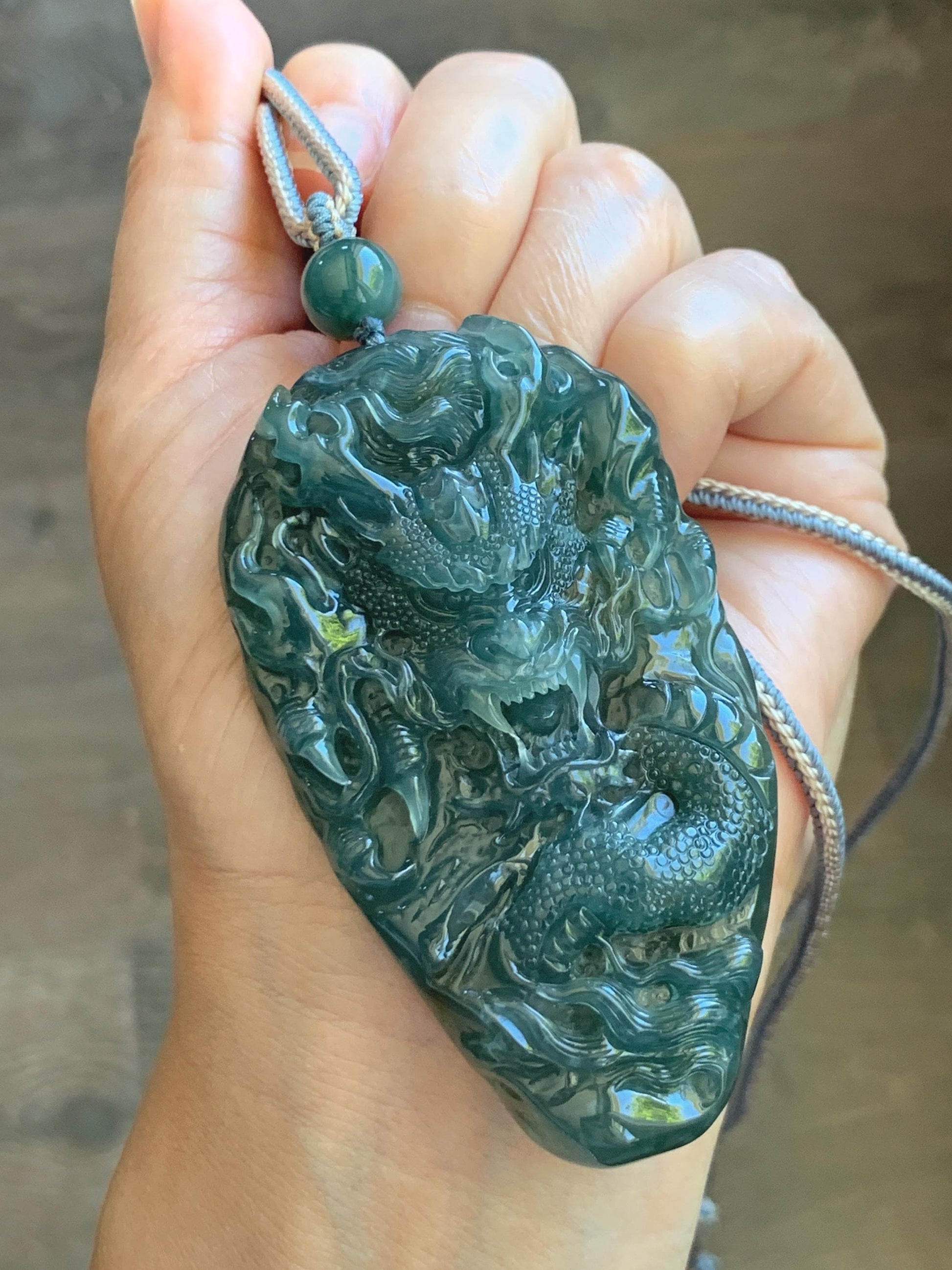 Large Certified Natural Grade A Guatemalan Icy Translucent Dark Teal Jade Jadeite Dragon Pendant Rope Necklace 26” 69g 天然冰危蓝翡翠精工龙牌双面吊坠 1162