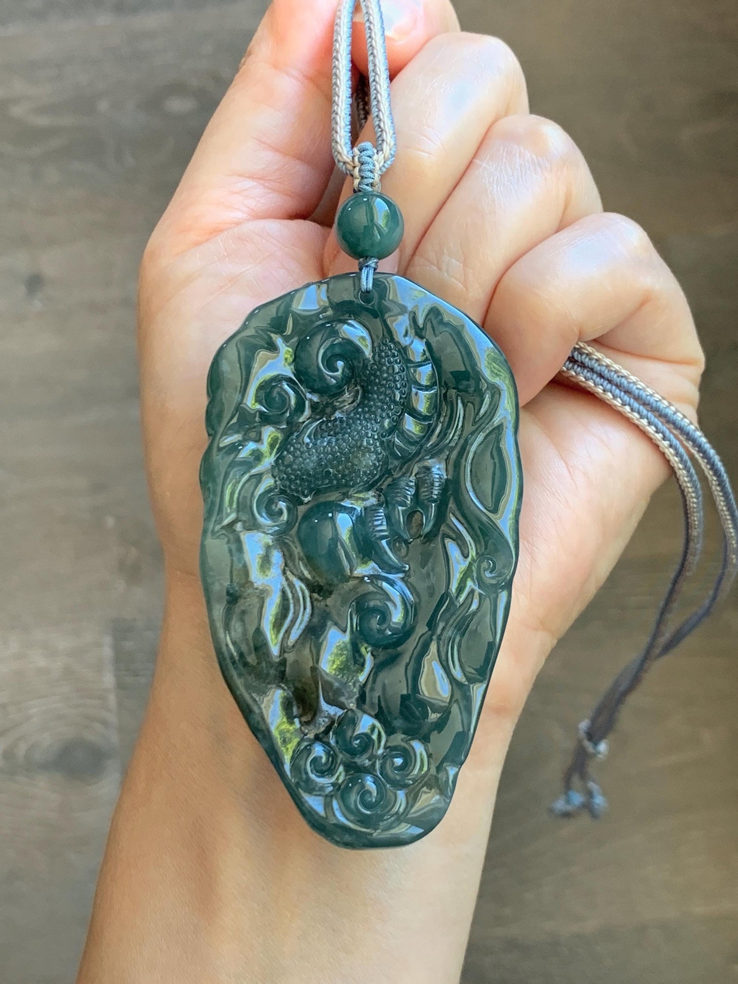 Large Certified Natural Grade A Guatemalan Icy Translucent Dark Teal Jade Jadeite Dragon Pendant Rope Necklace 26” 69g 天然冰危蓝翡翠精工龙牌双面吊坠 1162