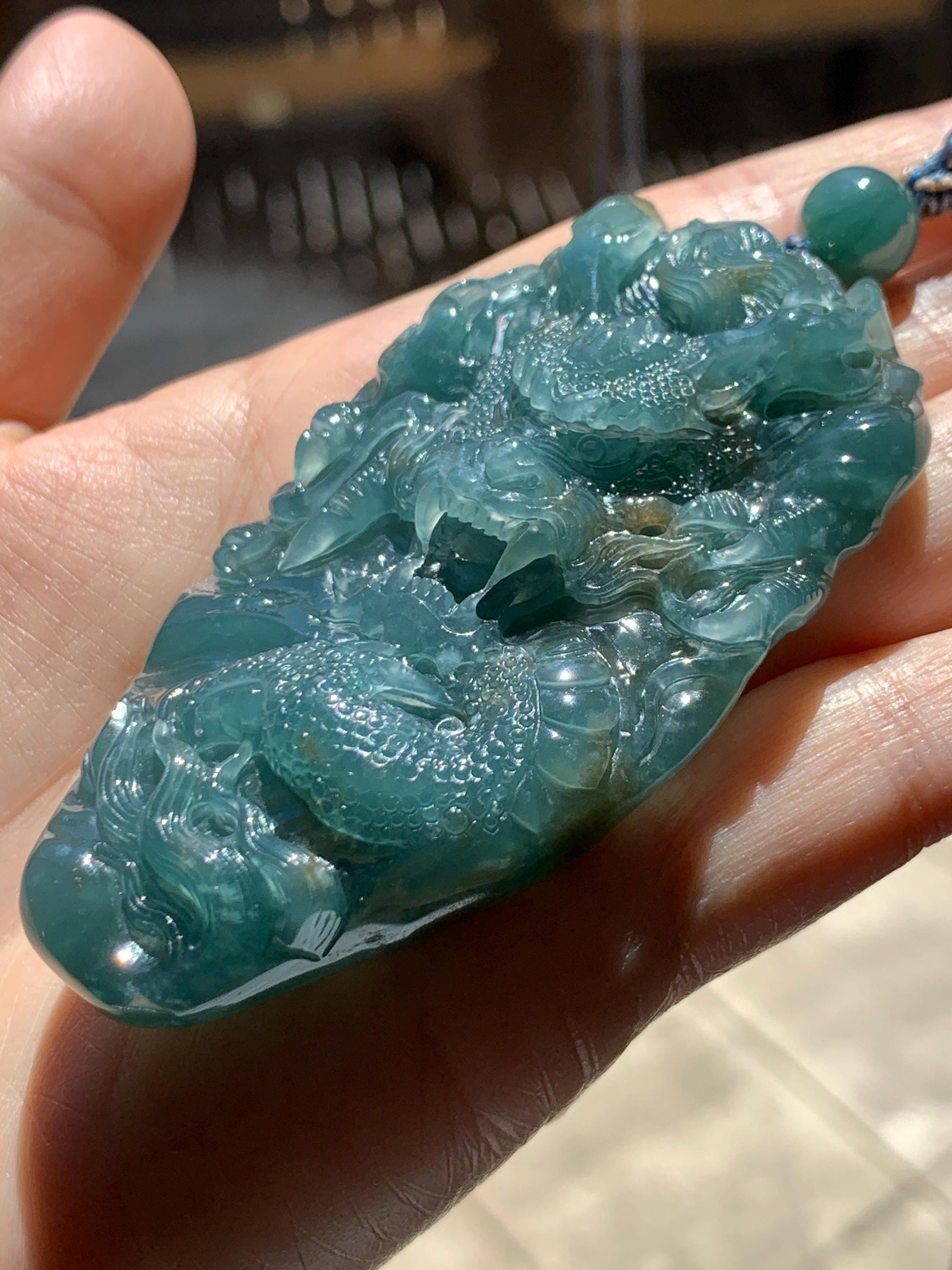 Large Certified Natural Grade A Guatemalan Icy Translucent Dark Teal Jade Jadeite Dragon Pendant Rope Necklace 26” 69g 天然冰危蓝翡翠精工龙牌双面吊坠 1162
