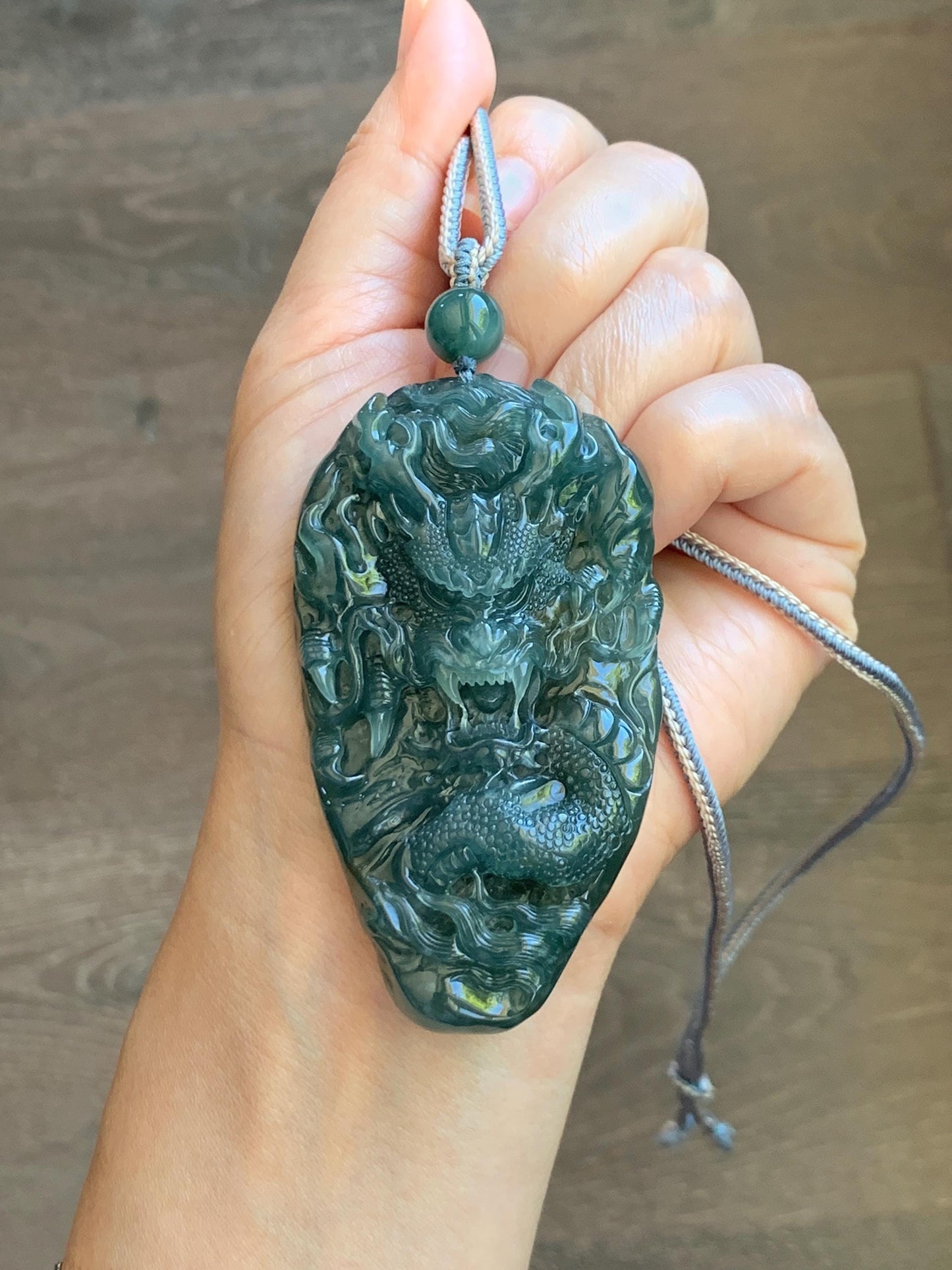 Large Certified Natural Grade A Guatemalan Icy Translucent Dark Teal Jade Jadeite Dragon Pendant Rope Necklace 26” 69g 天然冰危蓝翡翠精工龙牌双面吊坠 1162