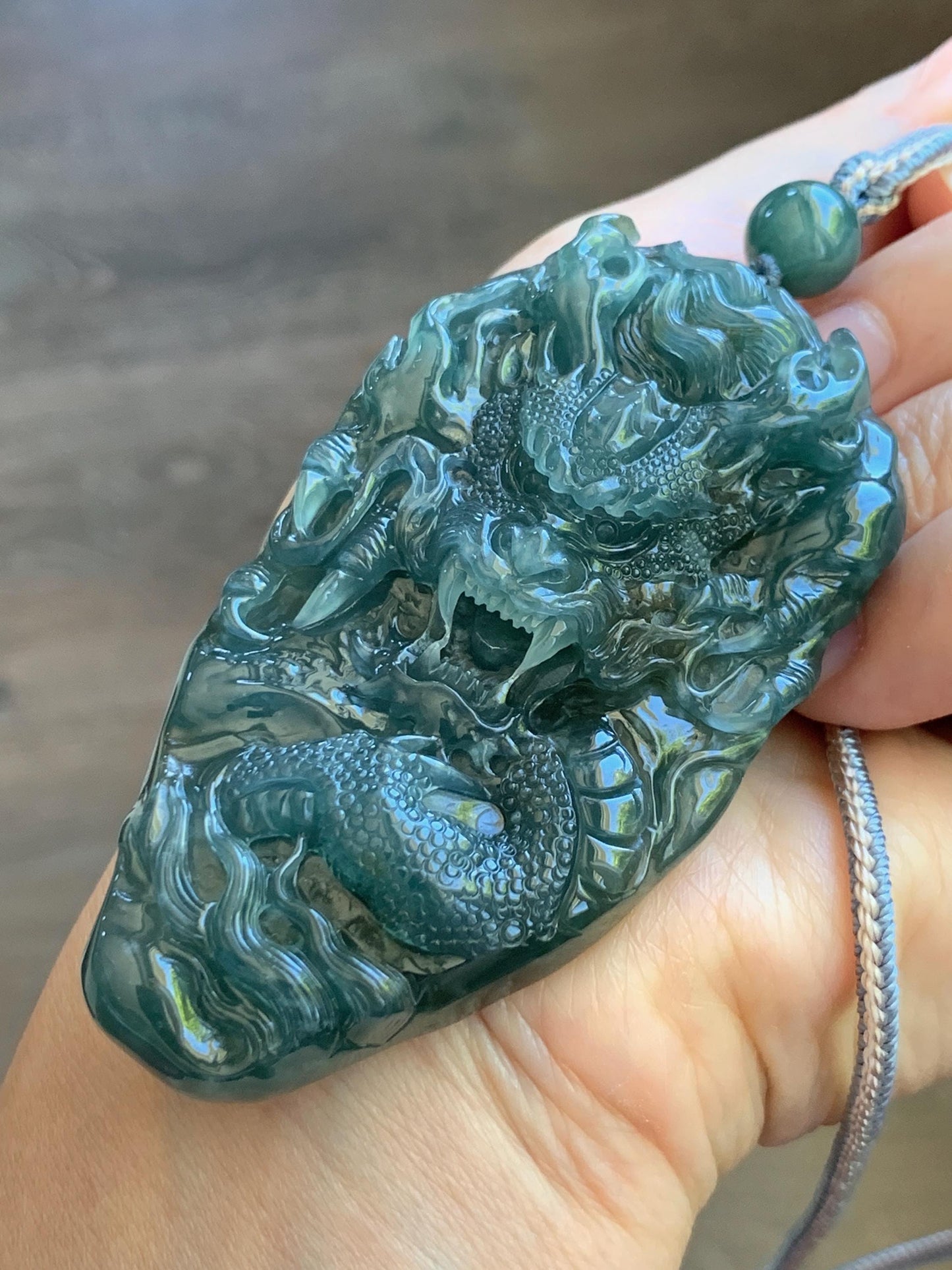 Large Certified Natural Grade A Guatemalan Icy Translucent Dark Teal Jade Jadeite Dragon Pendant Rope Necklace 26” 69g 天然冰危蓝翡翠精工龙牌双面吊坠 1162