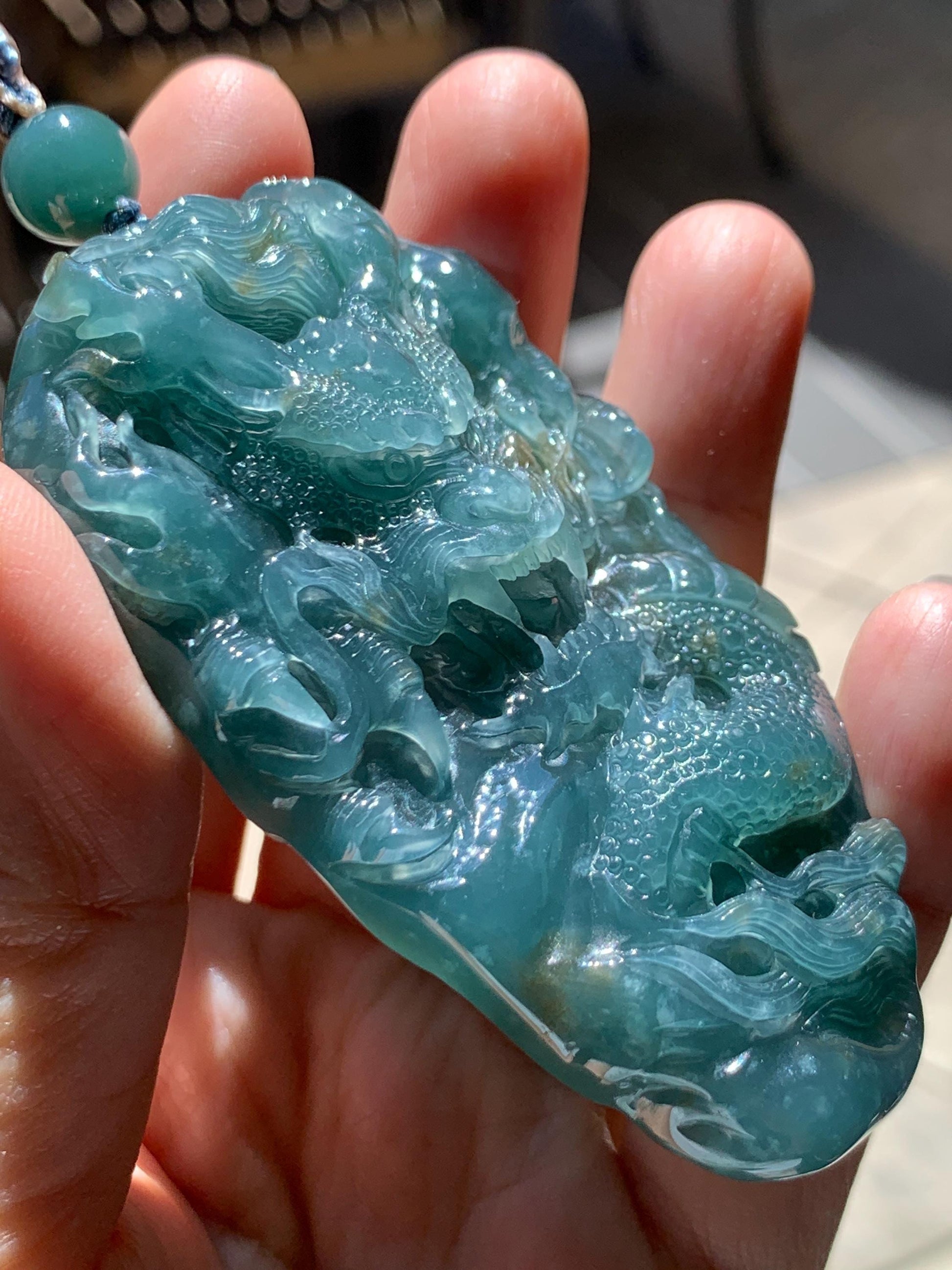 Large Certified Natural Grade A Guatemalan Icy Translucent Dark Teal Jade Jadeite Dragon Pendant Rope Necklace 26” 69g 天然冰危蓝翡翠精工龙牌双面吊坠 1162