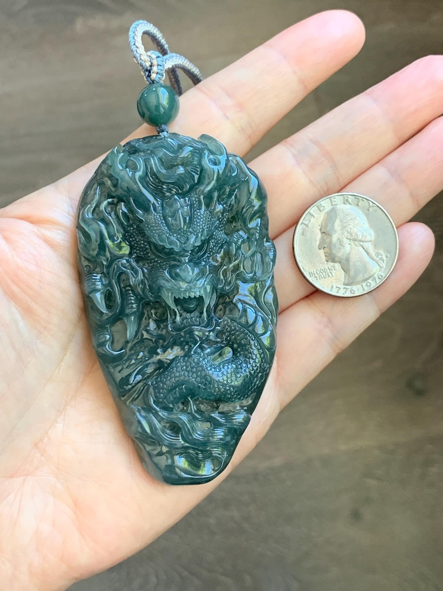 Large Certified Natural Grade A Guatemalan Icy Translucent Dark Teal Jade Jadeite Dragon Pendant Rope Necklace 26” 69g 天然冰危蓝翡翠精工龙牌双面吊坠 1162