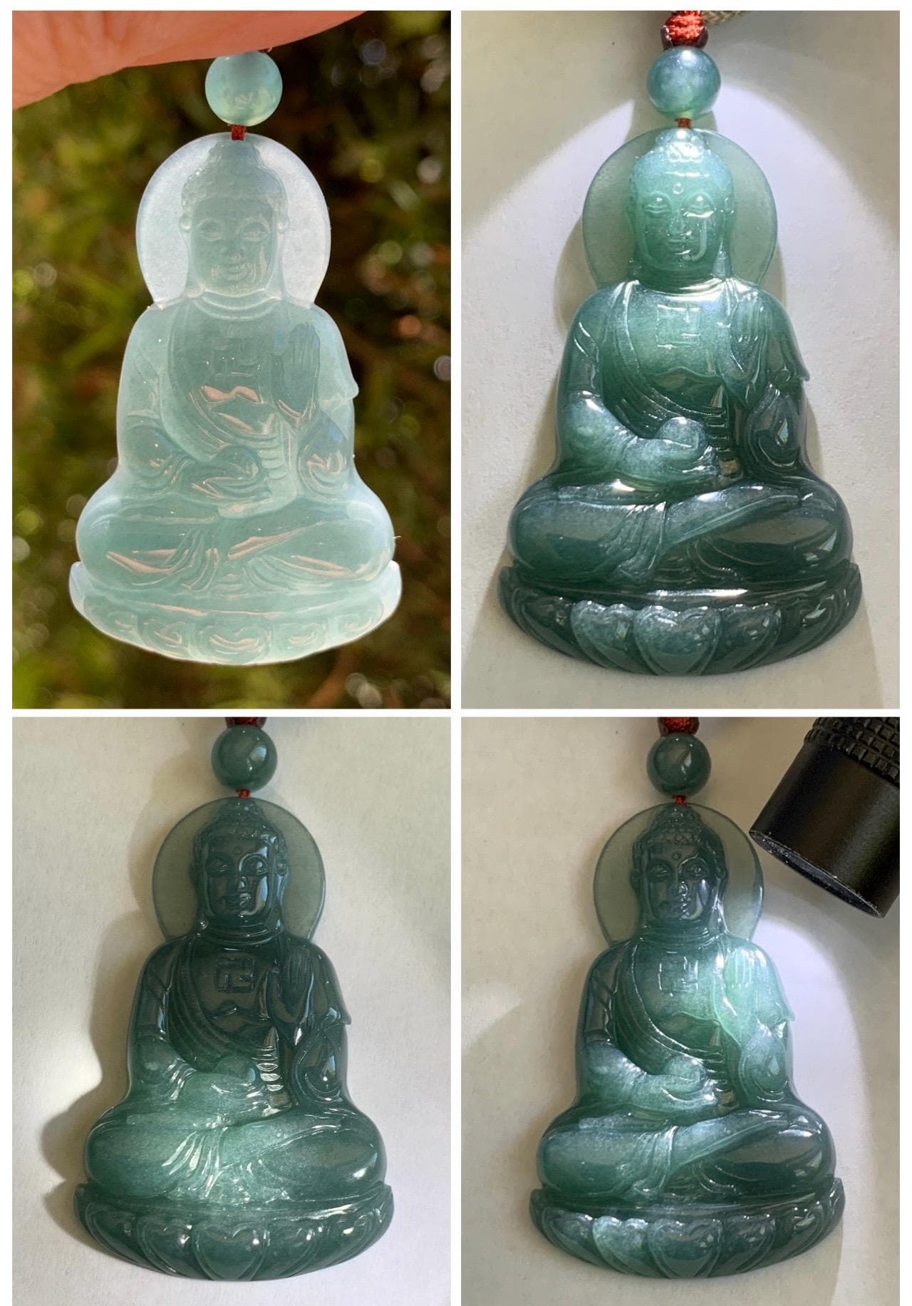 Natural Grade A Guatemalan Icy Dusty Teal Blue Jade Jadeite Shakyamuni Buddha Ru Lai Pendant Rope Necklace 24.5" 16g 天然冰危蓝翡翠釋迦牟尼如来佛吊坠 WRL77