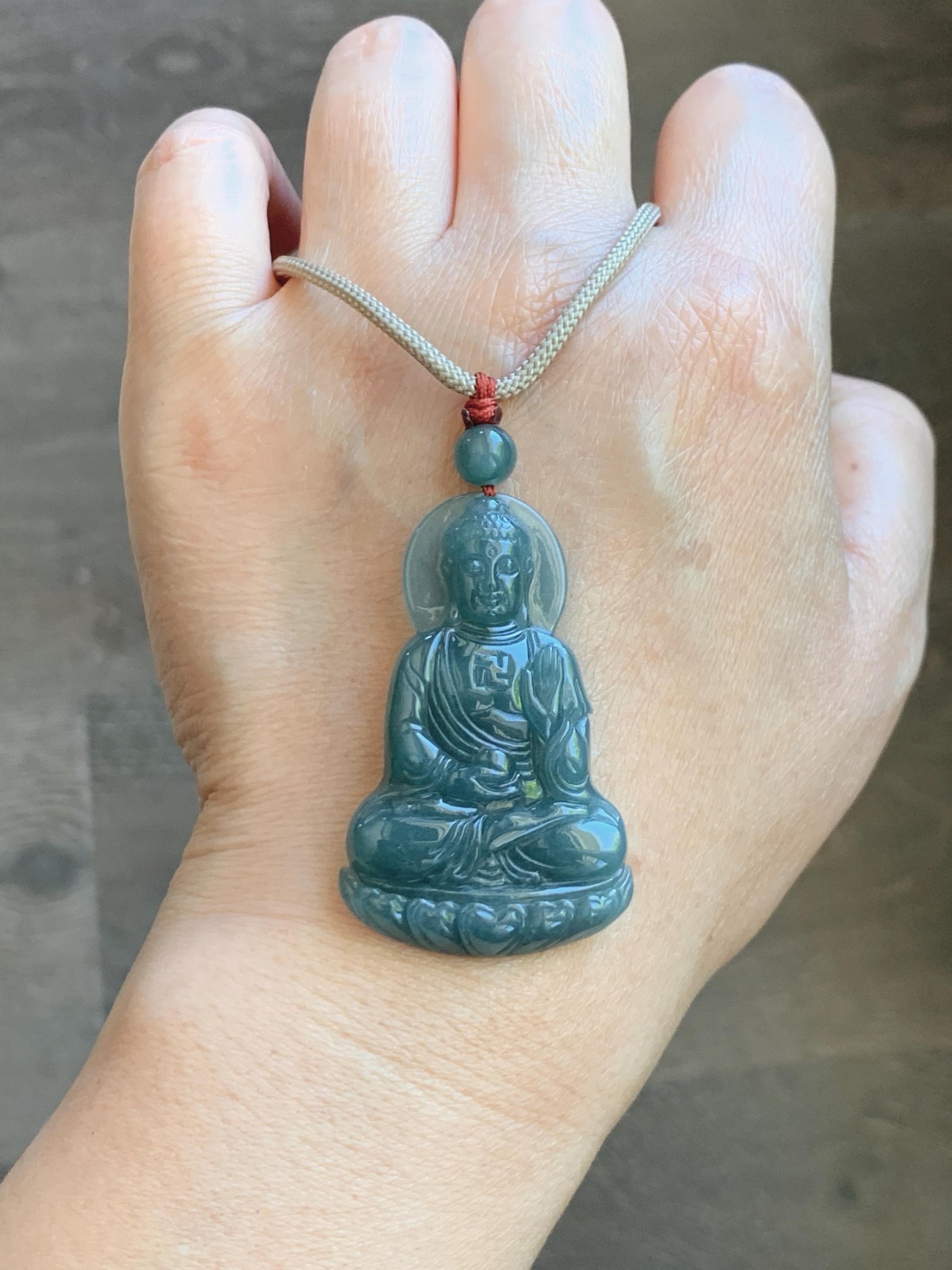 Natural Grade A Guatemalan Icy Dusty Teal Blue Jade Jadeite Shakyamuni Buddha Ru Lai Pendant Rope Necklace 24.5" 16g 天然冰危蓝翡翠釋迦牟尼如来佛吊坠 WRL77