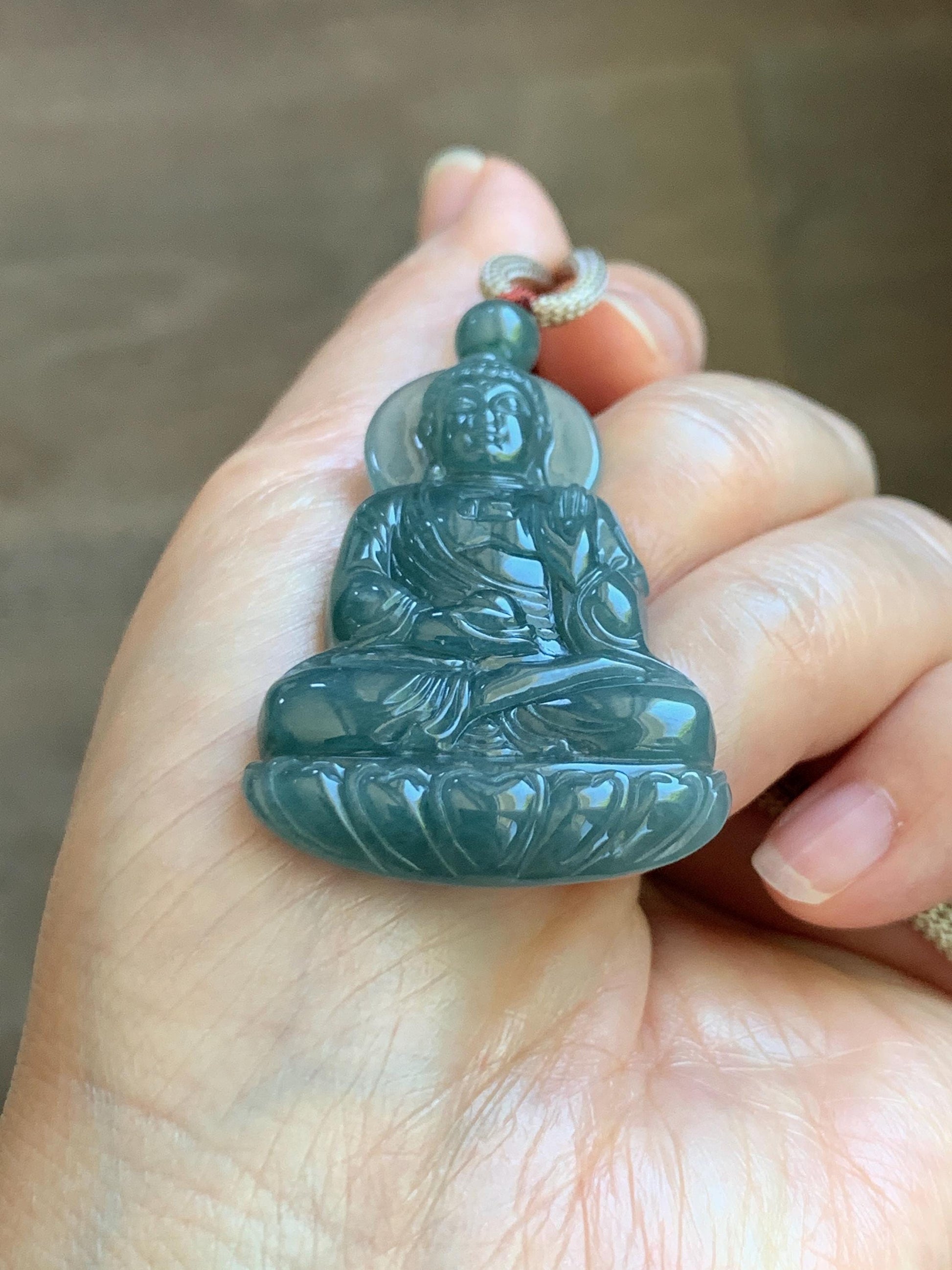 Natural Grade A Guatemalan Icy Dusty Teal Blue Jade Jadeite Shakyamuni Buddha Ru Lai Pendant Rope Necklace 24.5" 16g 天然冰危蓝翡翠釋迦牟尼如来佛吊坠 WRL77