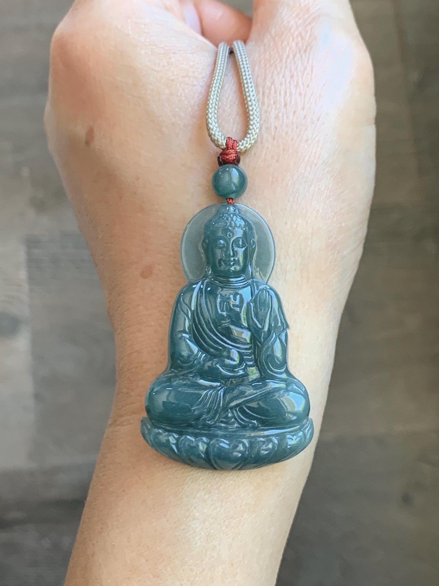 Natural Grade A Guatemalan Icy Dusty Teal Blue Jade Jadeite Shakyamuni Buddha Ru Lai Pendant Rope Necklace 24.5" 16g 天然冰危蓝翡翠釋迦牟尼如来佛吊坠 WRL77