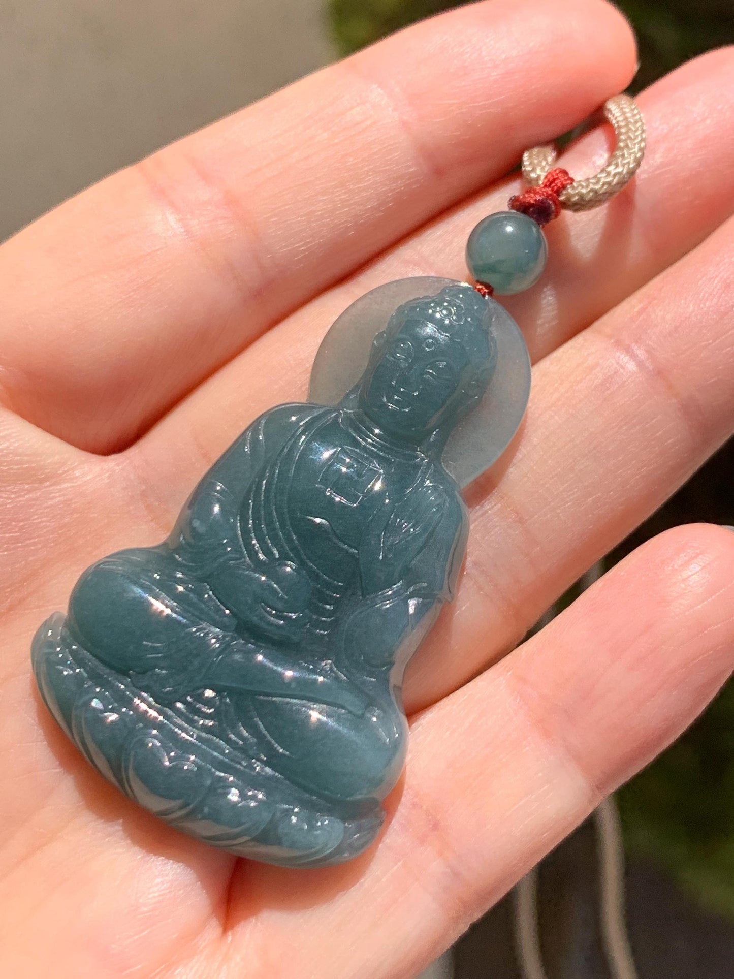 Natural Grade A Guatemalan Icy Dusty Teal Blue Jade Jadeite Shakyamuni Buddha Ru Lai Pendant Rope Necklace 24.5" 16g 天然冰危蓝翡翠釋迦牟尼如来佛吊坠 WRL77