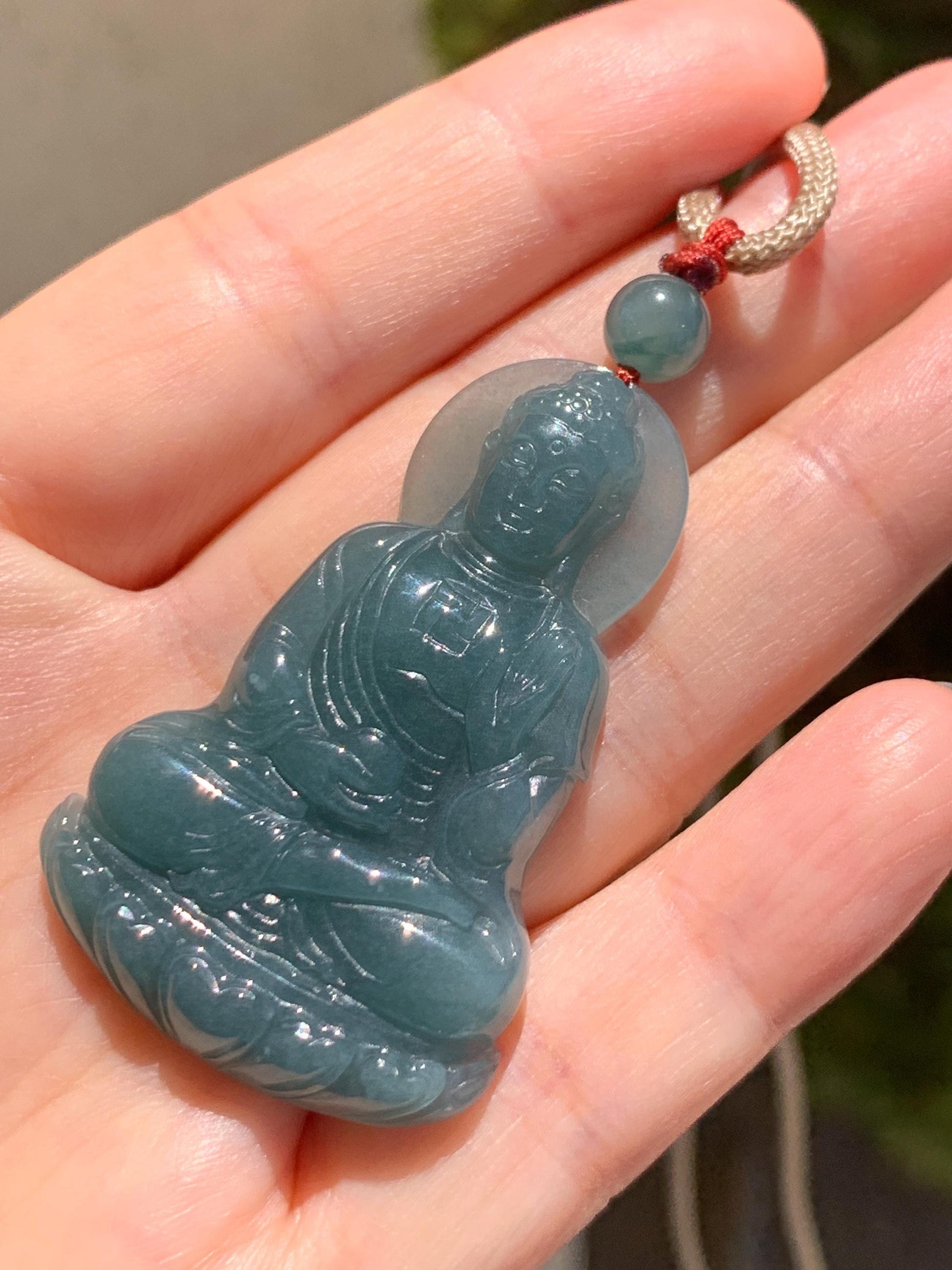 Natural Grade A Guatemalan Icy Dusty Teal Blue Jade Jadeite Shakyamuni Buddha Ru Lai Pendant Rope Necklace 24.5" 16g 天然冰危蓝翡翠釋迦牟尼如来佛吊坠 WRL77
