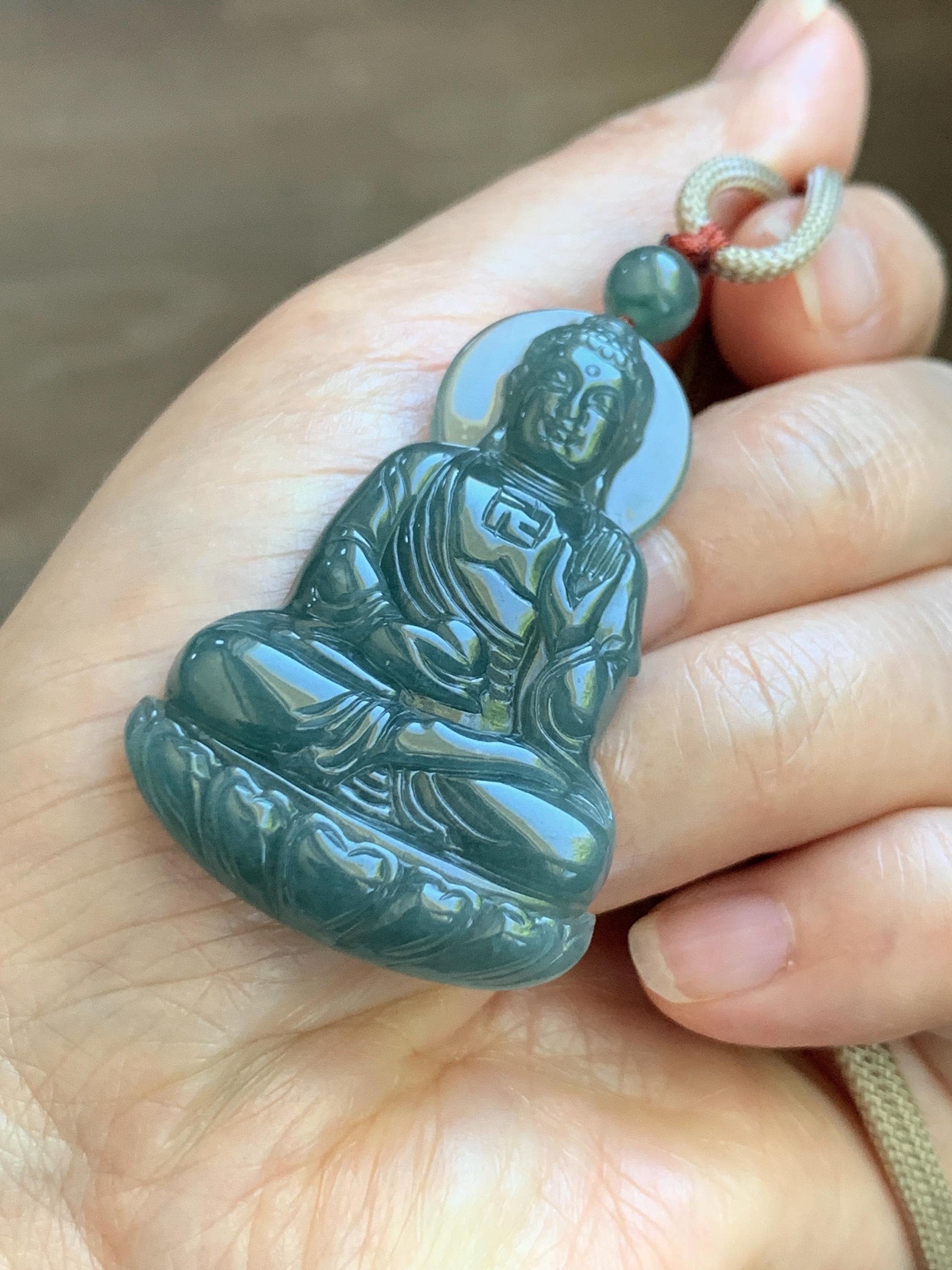 Natural Grade A Guatemalan Icy Dusty Teal Blue Jade Jadeite Shakyamuni Buddha Ru Lai Pendant Rope Necklace 24.5" 16g 天然冰危蓝翡翠釋迦牟尼如来佛吊坠 WRL77