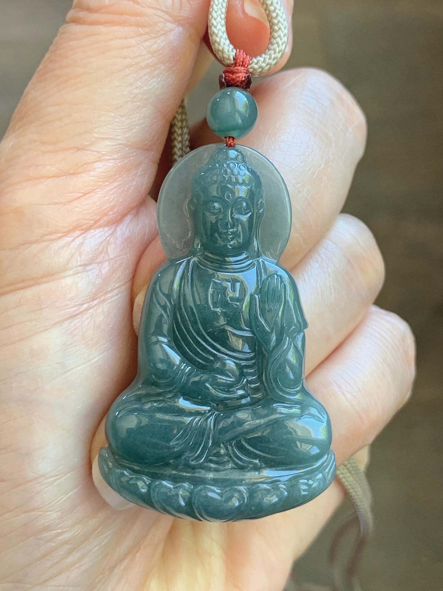Natural Grade A Guatemalan Icy Dusty Teal Blue Jade Jadeite Shakyamuni Buddha Ru Lai Pendant Rope Necklace 24.5" 16g 天然冰危蓝翡翠釋迦牟尼如来佛吊坠 WRL77