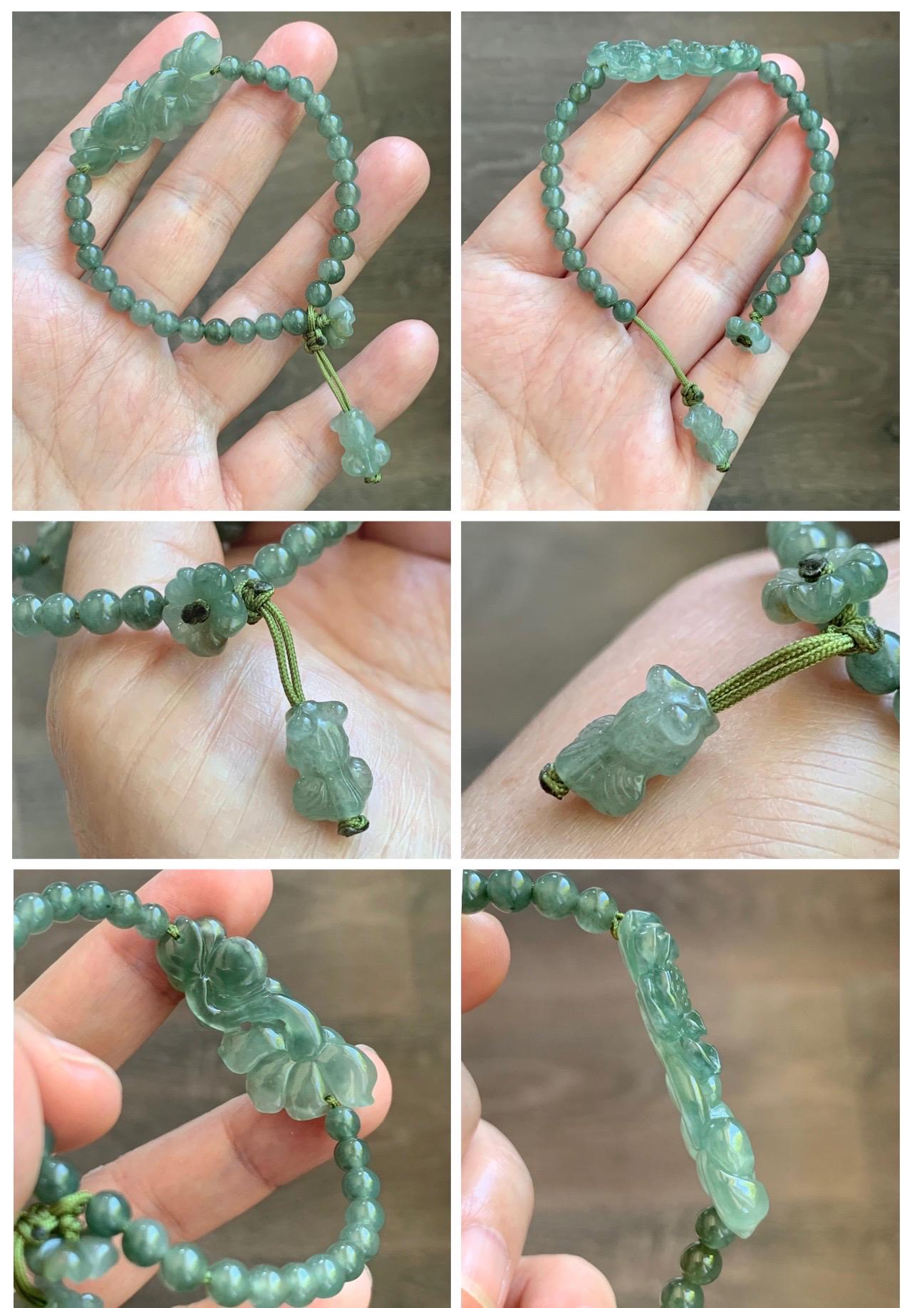 Natural Grade A Icy Highly Translucent Dusty Green Jade Jadeite Twin Lotus Flower Goldfish Charm Beaded Bracelet 6.5" 天然冰胶绿翡翠并蒂莲花圆珠手串 MLL335
