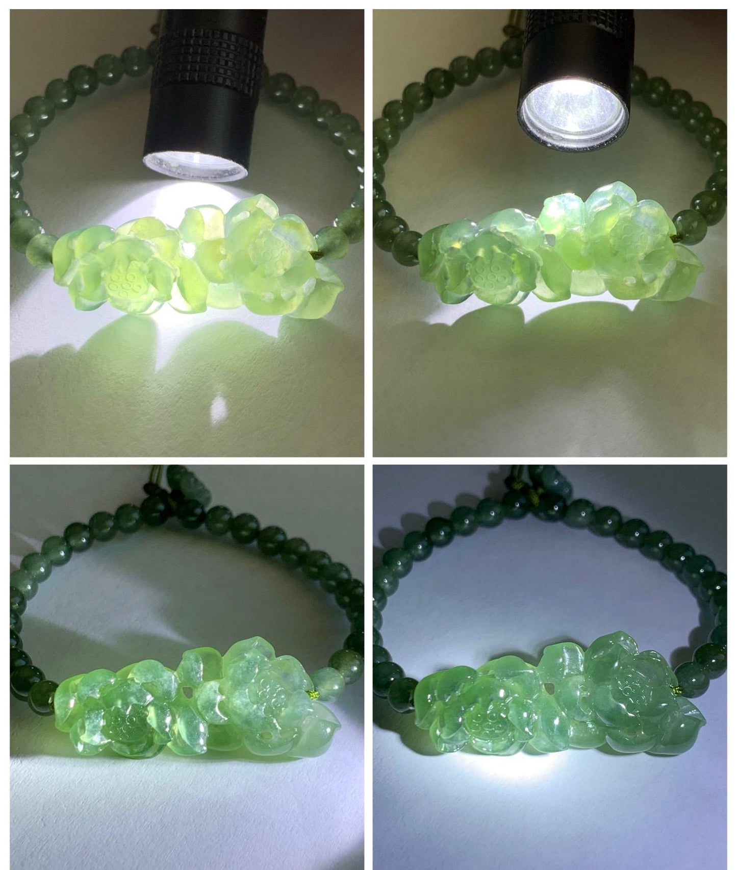 Natural Grade A Icy Highly Translucent Dusty Green Jade Jadeite Twin Lotus Flower Goldfish Charm Beaded Bracelet 6.5" 天然冰胶绿翡翠并蒂莲花圆珠手串 MLL335