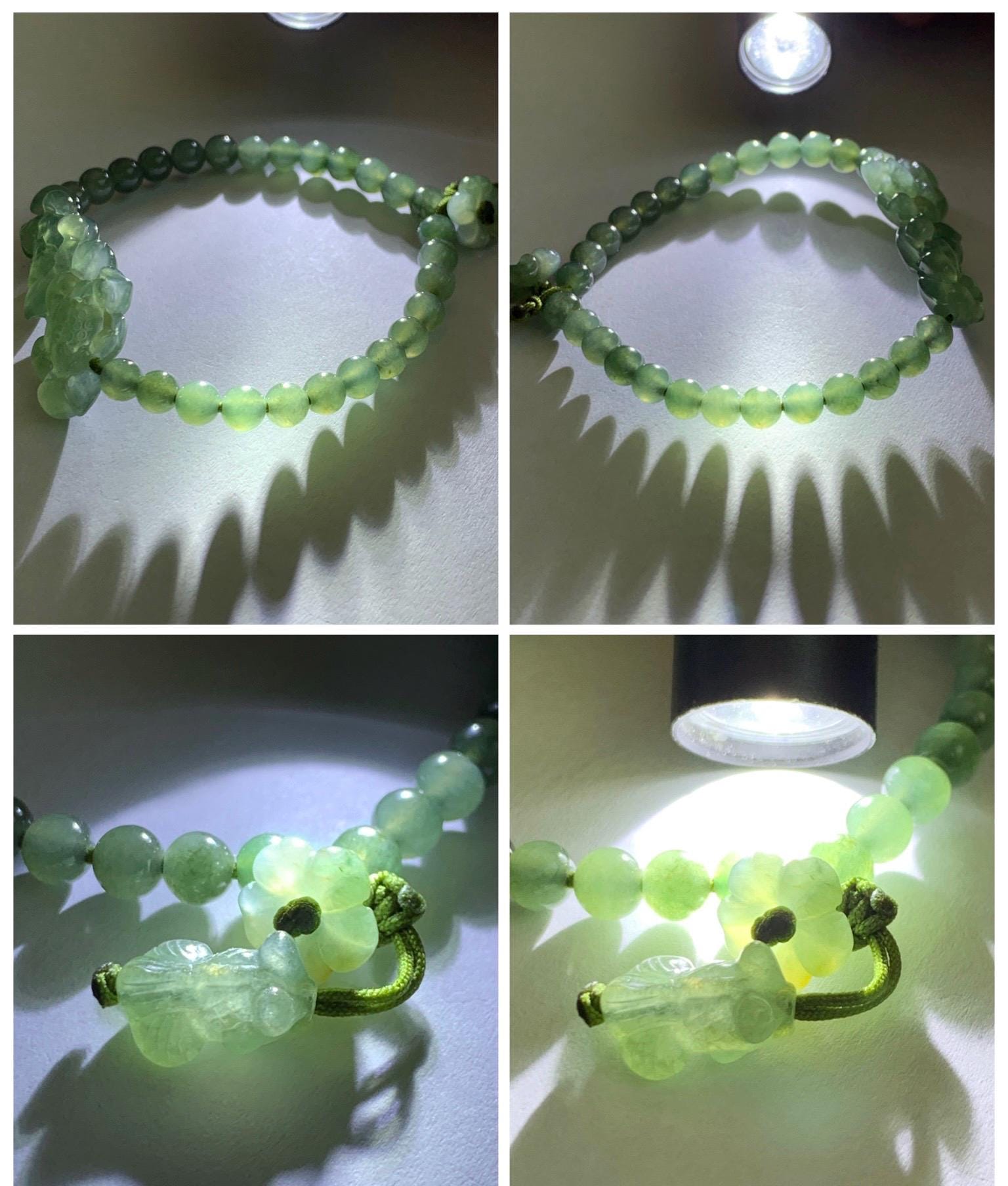 Natural Grade A Icy Highly Translucent Dusty Green Jade Jadeite Twin Lotus Flower Goldfish Charm Beaded Bracelet 6.5" 天然冰胶绿翡翠并蒂莲花圆珠手串 MLL335