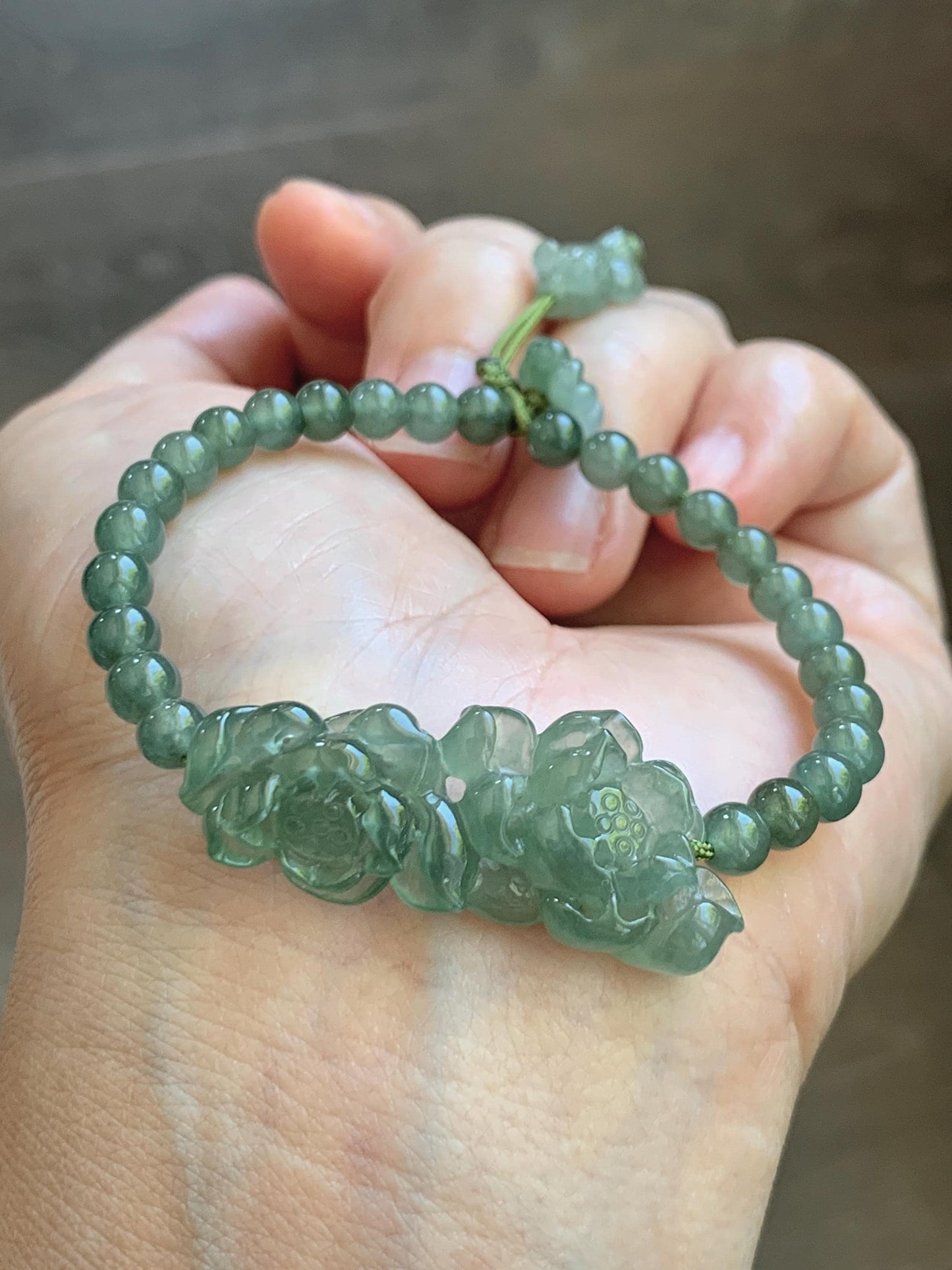 Natural Grade A Icy Highly Translucent Dusty Green Jade Jadeite Twin Lotus Flower Goldfish Charm Beaded Bracelet 6.5" 天然冰胶绿翡翠并蒂莲花圆珠手串 MLL335