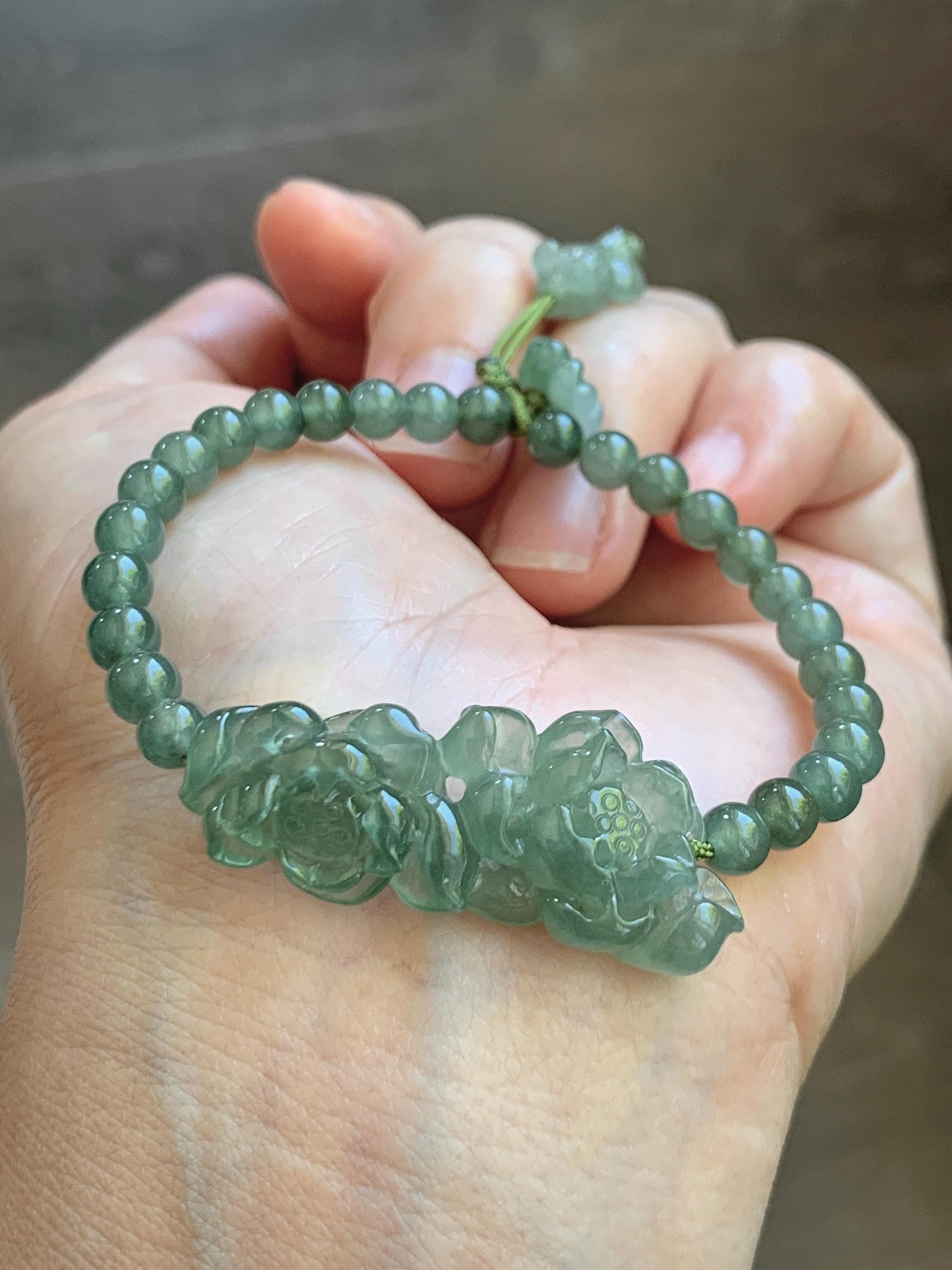 Natural Grade A Icy Highly Translucent Dusty Green Jade Jadeite Twin Lotus Flower Goldfish Charm Beaded Bracelet 6.5" 天然冰胶绿翡翠并蒂莲花圆珠手串 MLL335