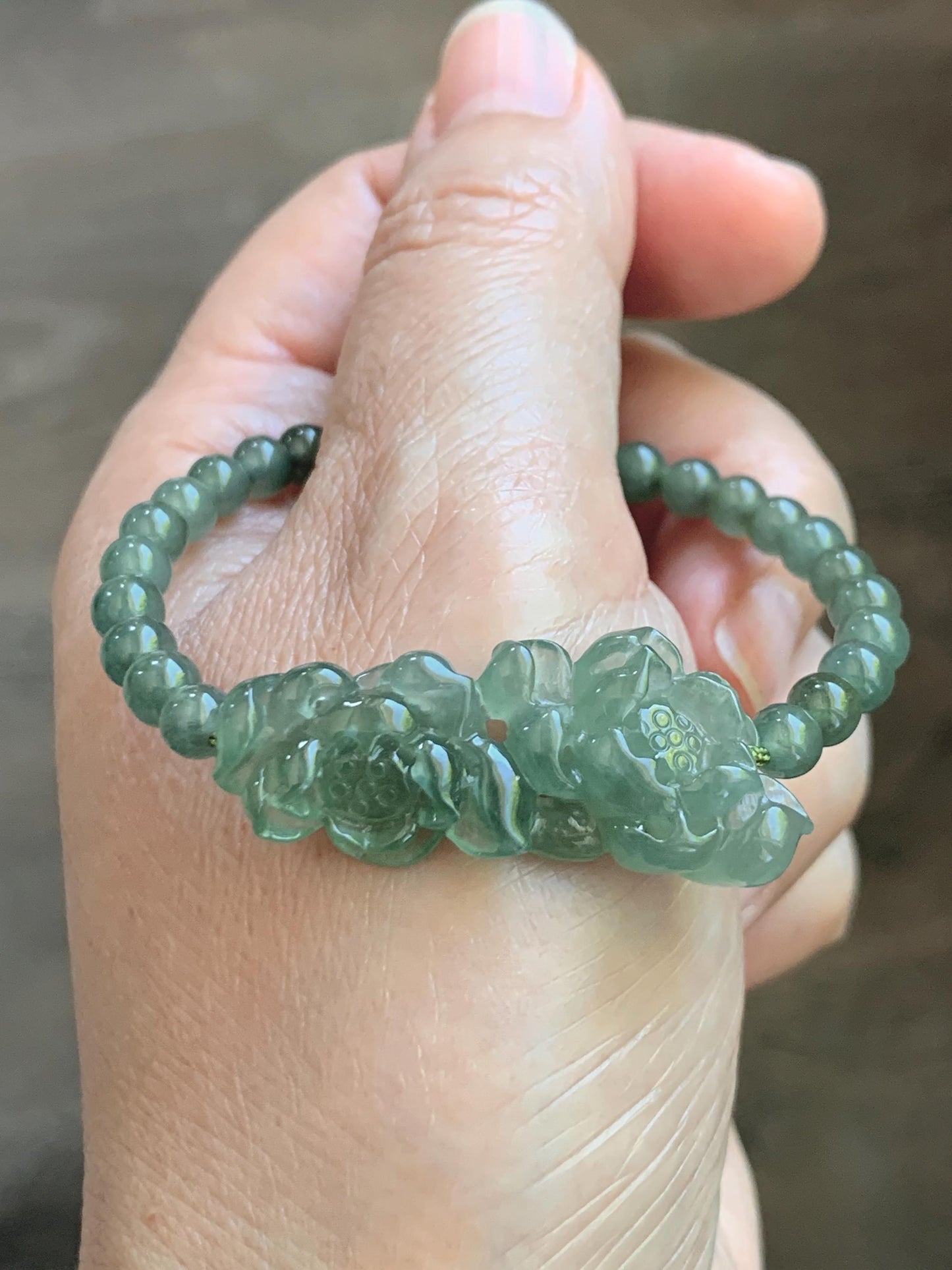 Natural Grade A Icy Highly Translucent Dusty Green Jade Jadeite Twin Lotus Flower Goldfish Charm Beaded Bracelet 6.5" 天然冰胶绿翡翠并蒂莲花圆珠手串 MLL335