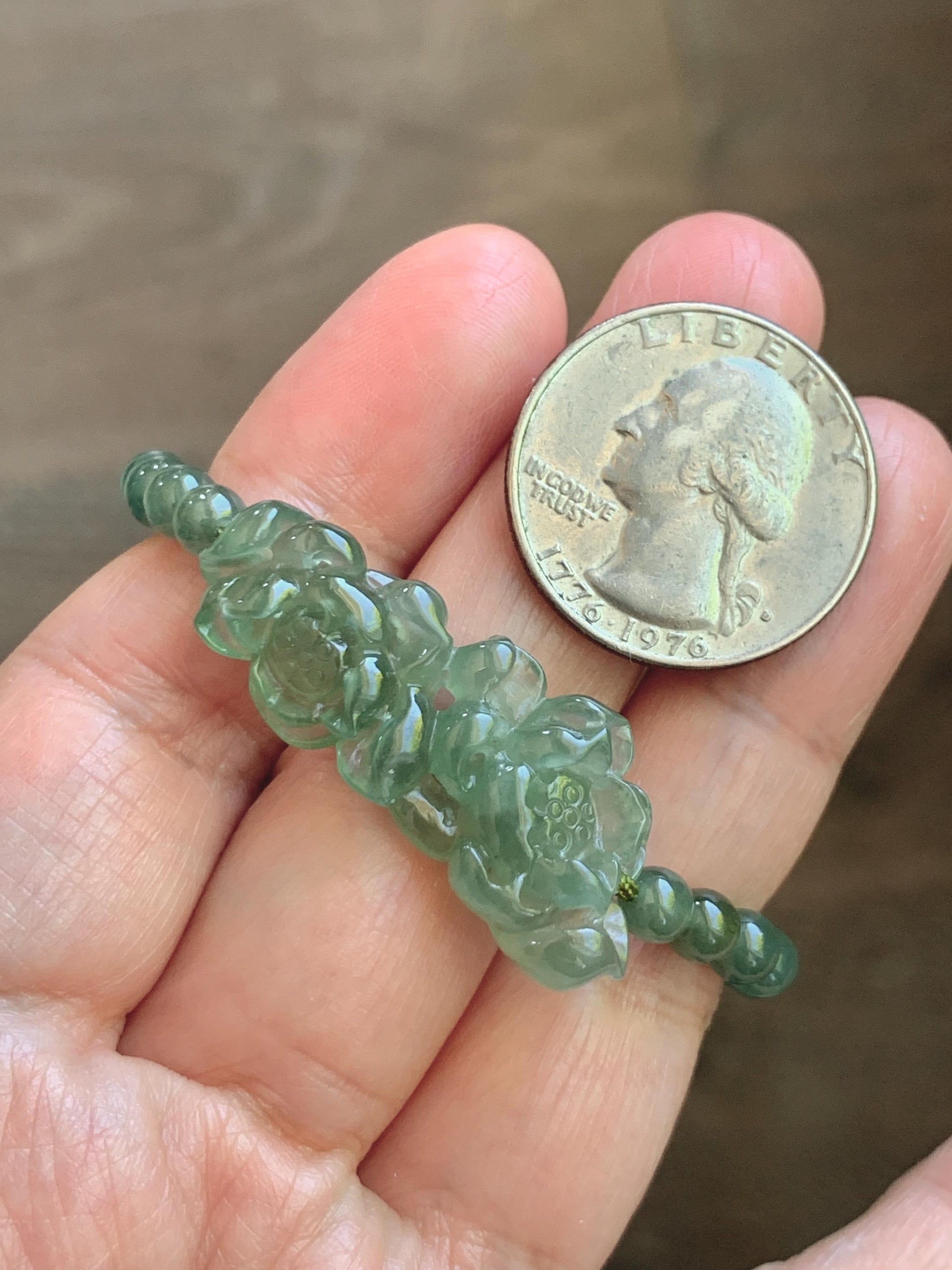 Natural Grade A Icy Highly Translucent Dusty Green Jade Jadeite Twin Lotus Flower Goldfish Charm Beaded Bracelet 6.5" 天然冰胶绿翡翠并蒂莲花圆珠手串 MLL335