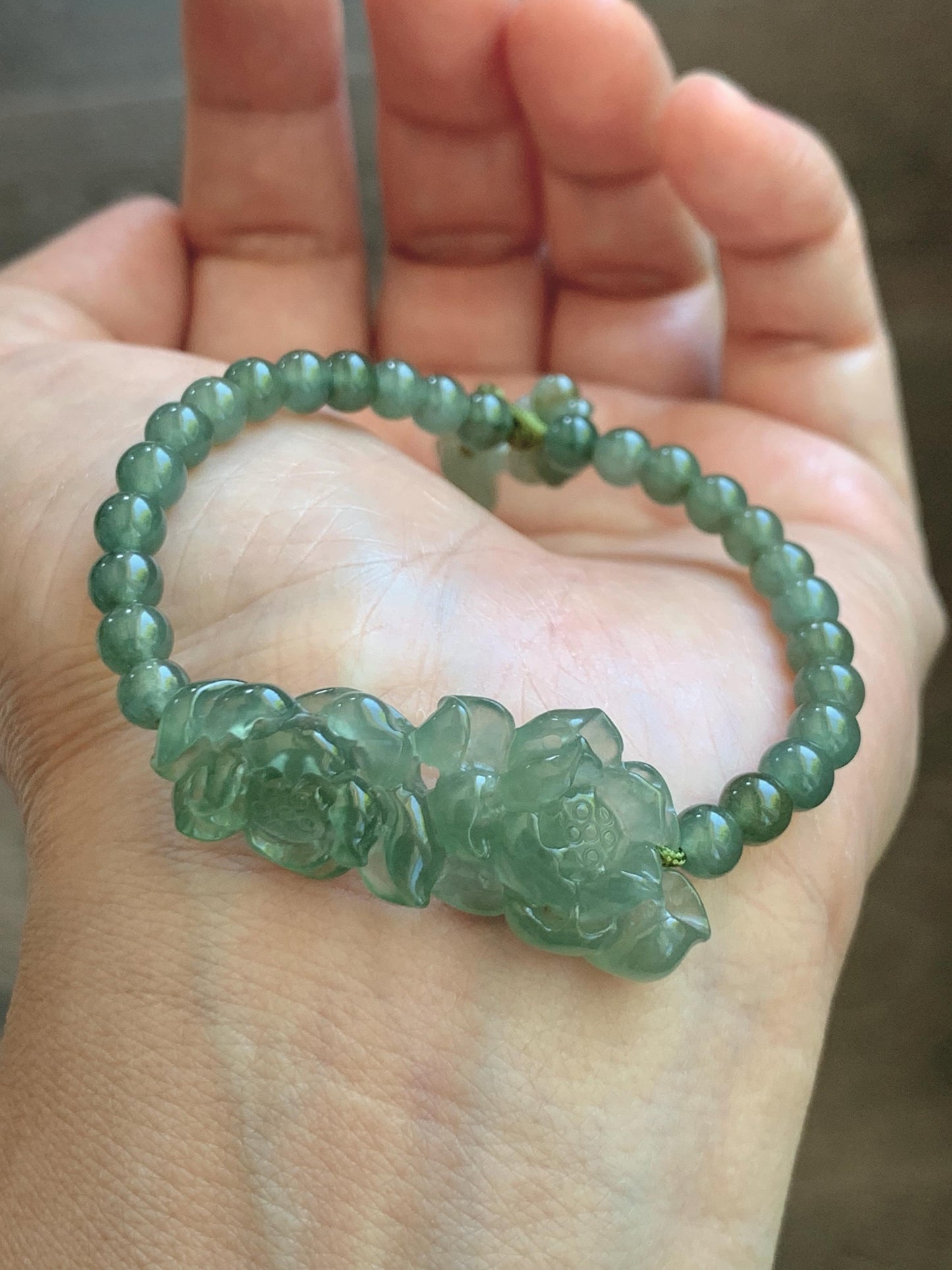 Natural Grade A Icy Highly Translucent Dusty Green Jade Jadeite Twin Lotus Flower Goldfish Charm Beaded Bracelet 6.5" 天然冰胶绿翡翠并蒂莲花圆珠手串 MLL335