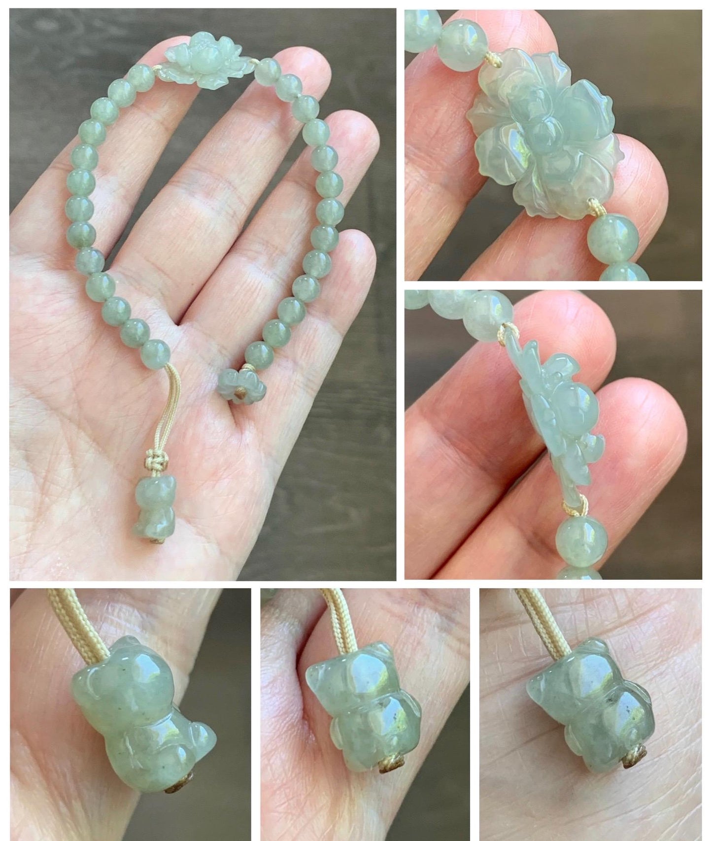 Natural Grade A Icy Highly Translucent Light Beige Jade Jadeite Lotus Flower Teddy Bear Charm Beaded Bracelet 6.75" 天然冰胶淡茶黄翡翠莲花圆珠手串 MQH322