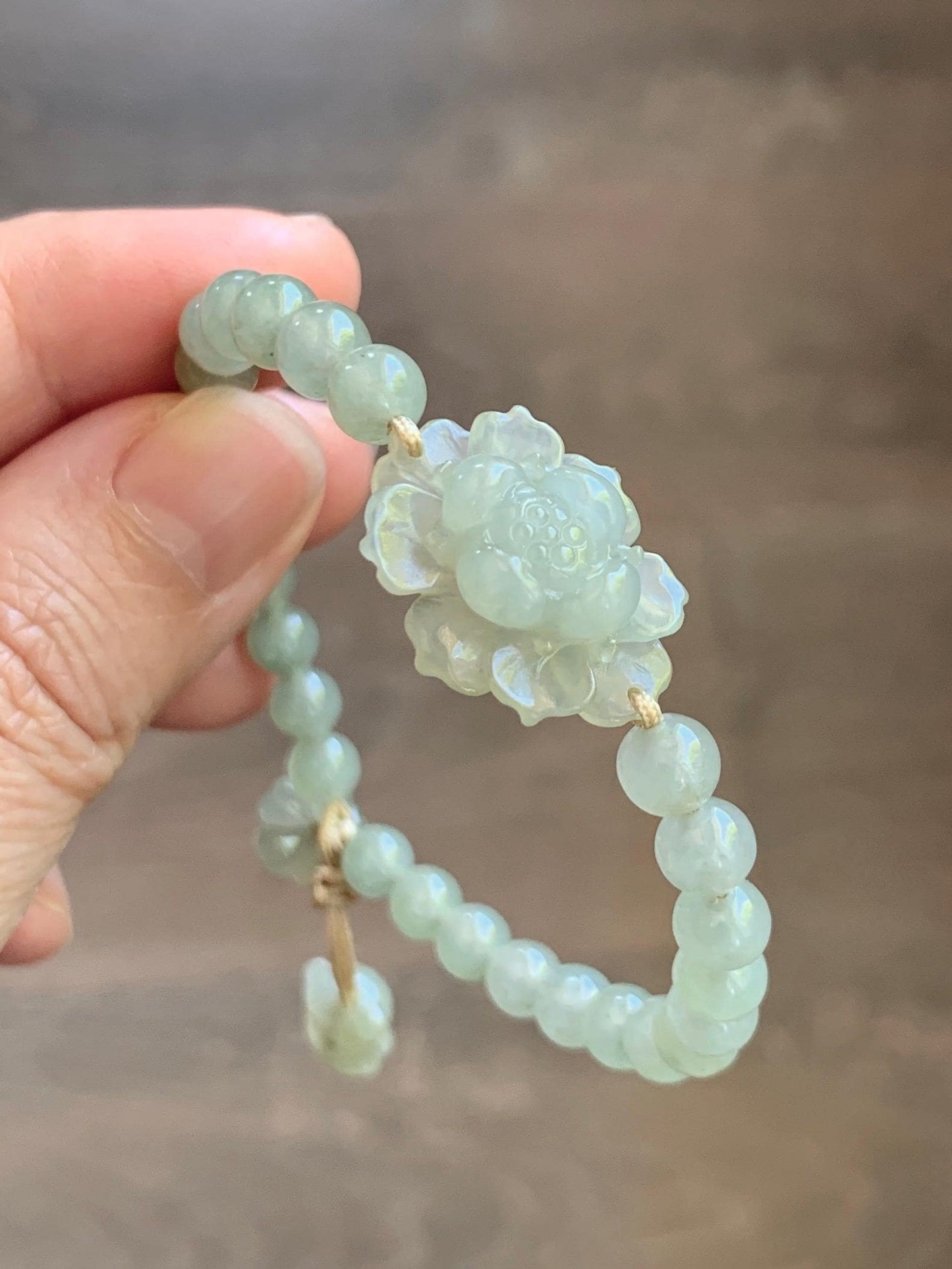 Natural Grade A Icy Highly Translucent Light Beige Jade Jadeite Lotus Flower Teddy Bear Charm Beaded Bracelet 6.75" 天然冰胶淡茶黄翡翠莲花圆珠手串 MQH322